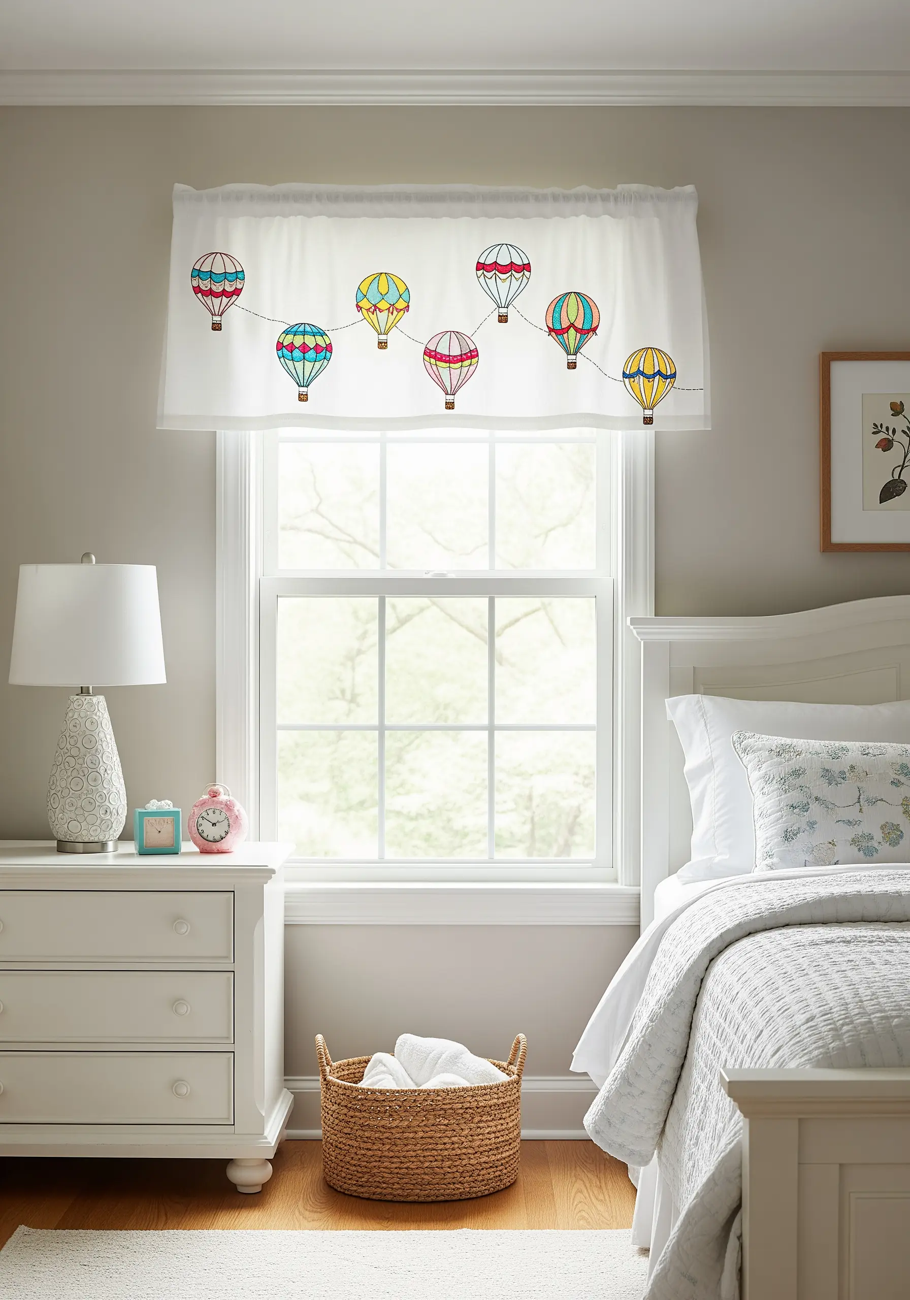 A white window valance featuring a line of colorful, outlined hot air balloons.