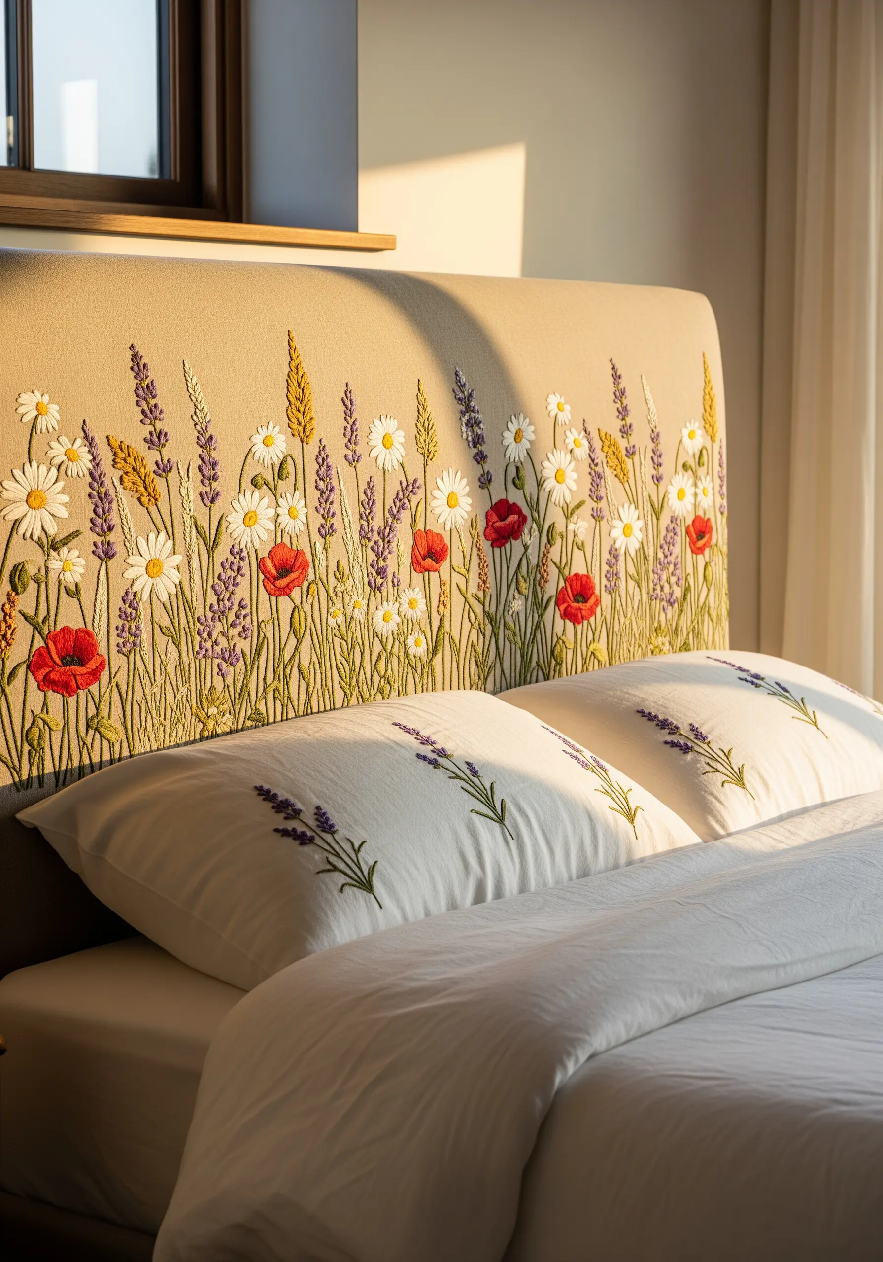 An embroidered headboard with a dense pattern of colorful wildflowers like poppies and lavender.