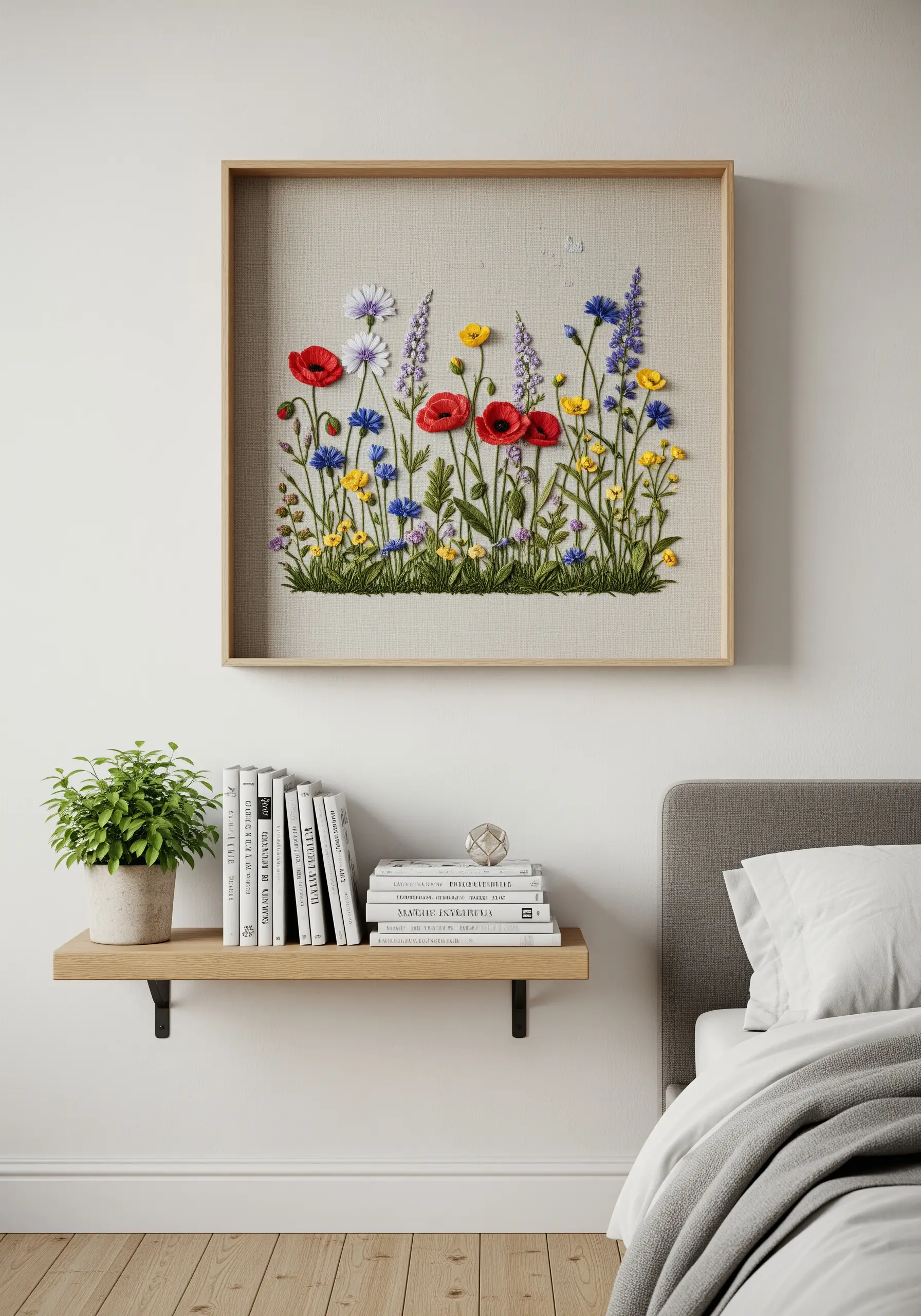 A framed embroidery piece depicting a dense, colorful wildflower meadow.