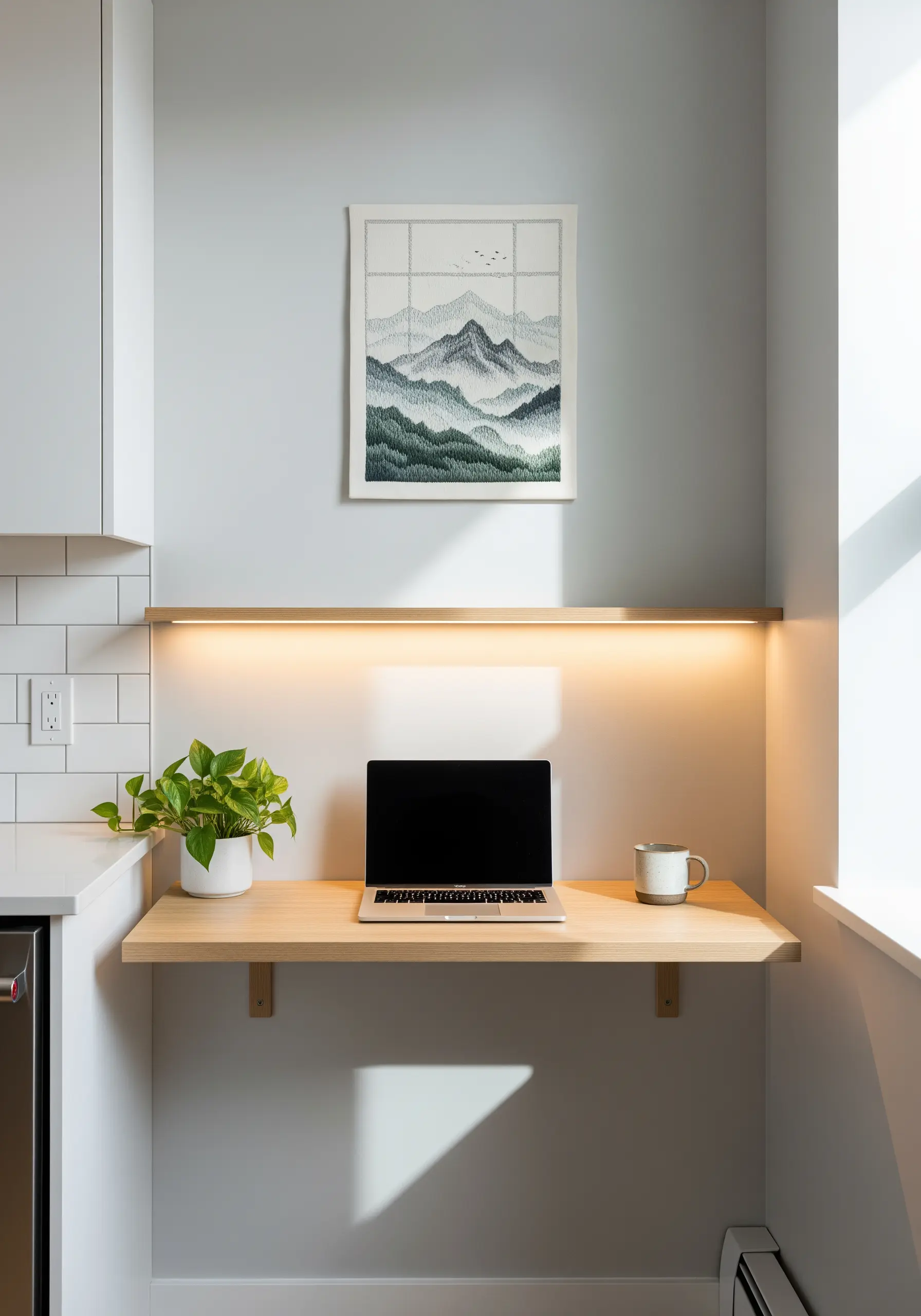 A framed embroidery of hazy green mountains, hung above a small kitchen desk.