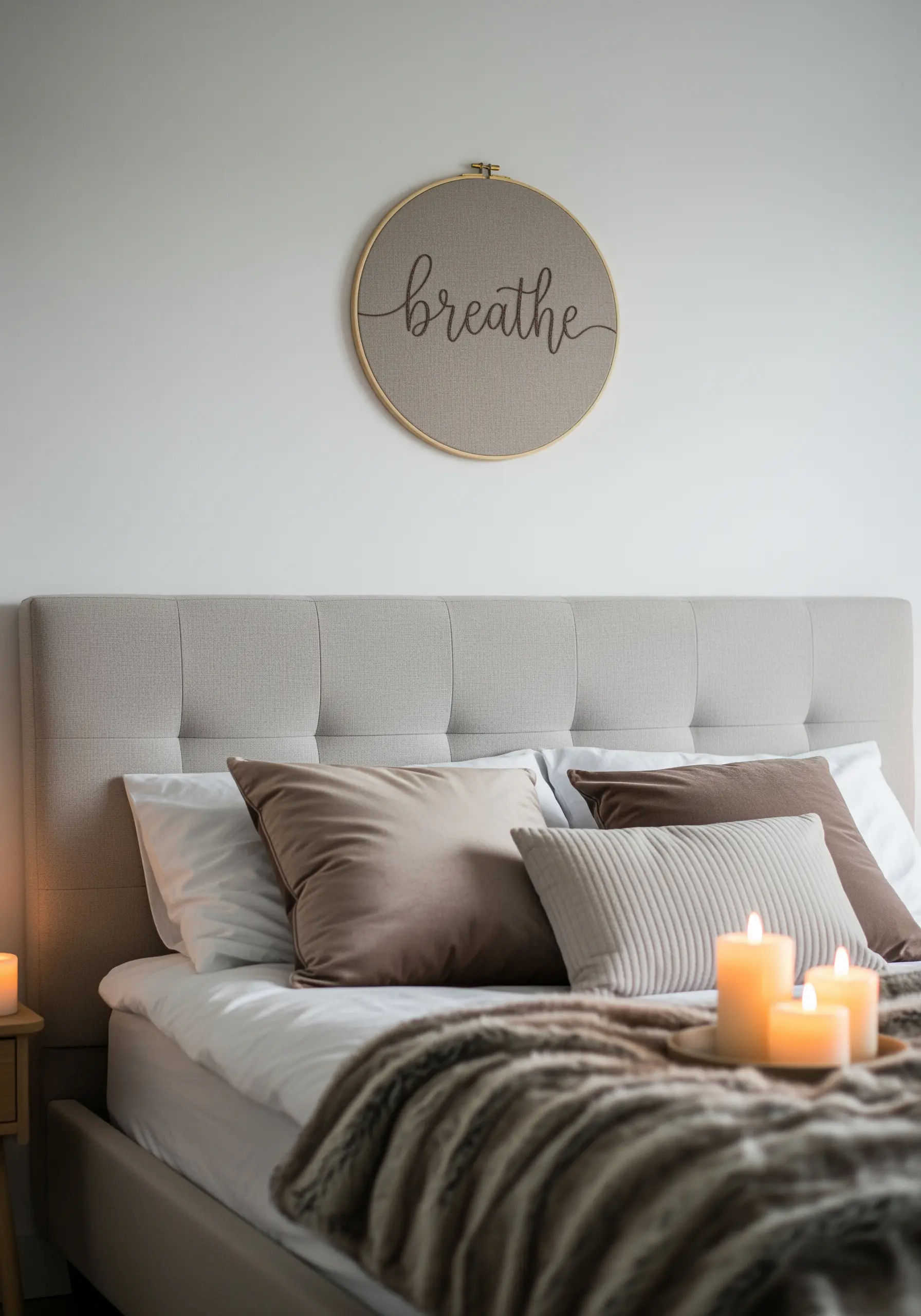 Embroidery hoop with the word 'breathe' stitched in elegant, dark brown cursive script.