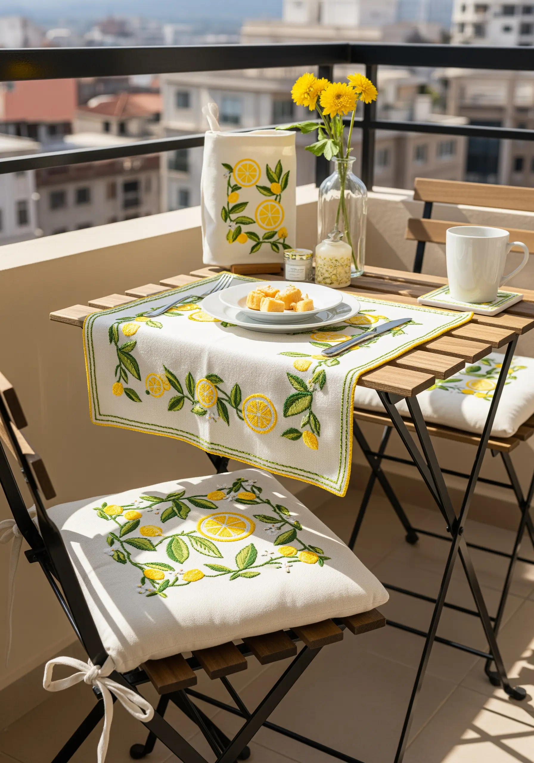 A coordinated patio dining set with embroidered lemon motifs on cushions and a table runner.