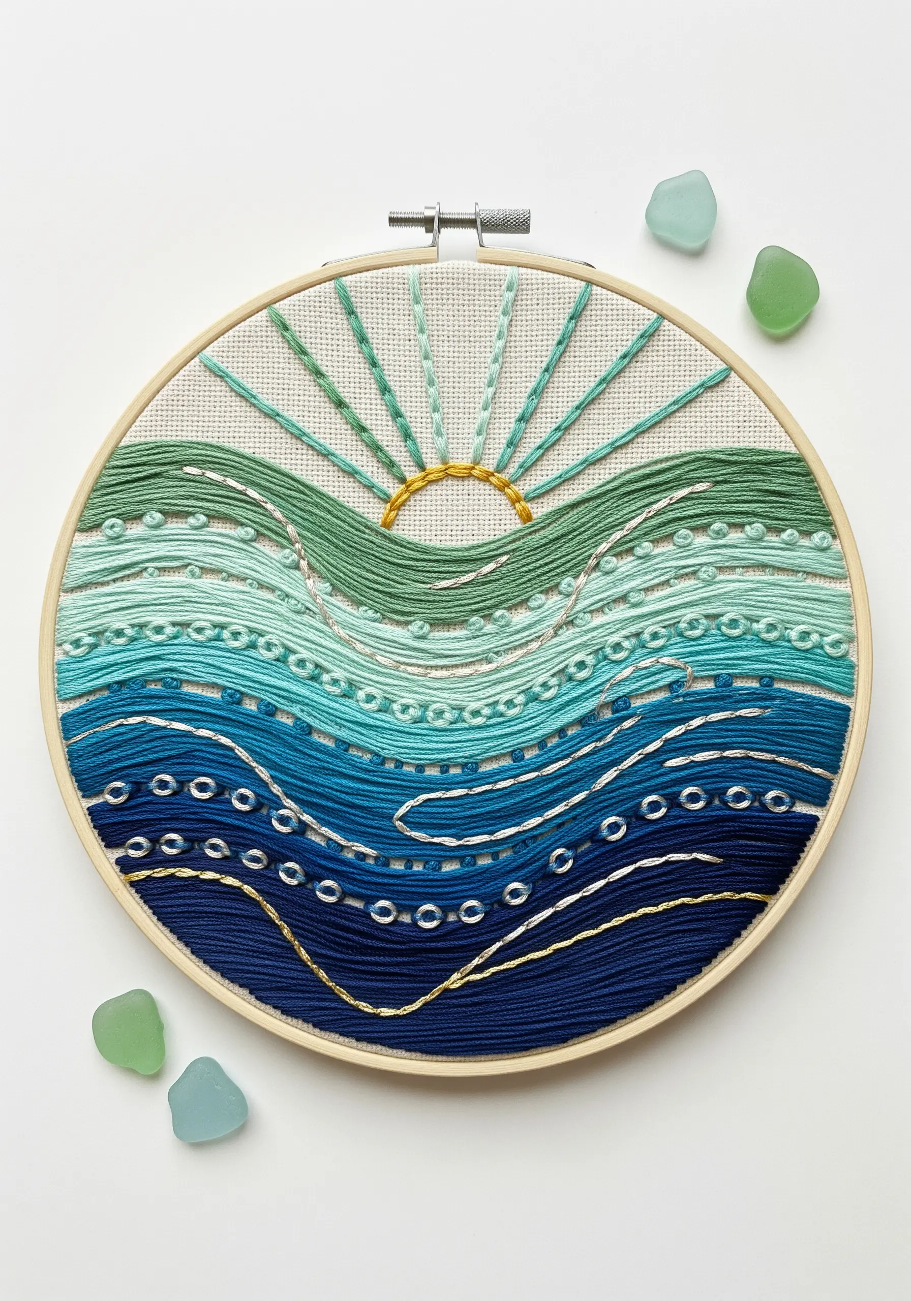 An abstract ocean landscape with waves made of various stitches in a blue-green gradient.