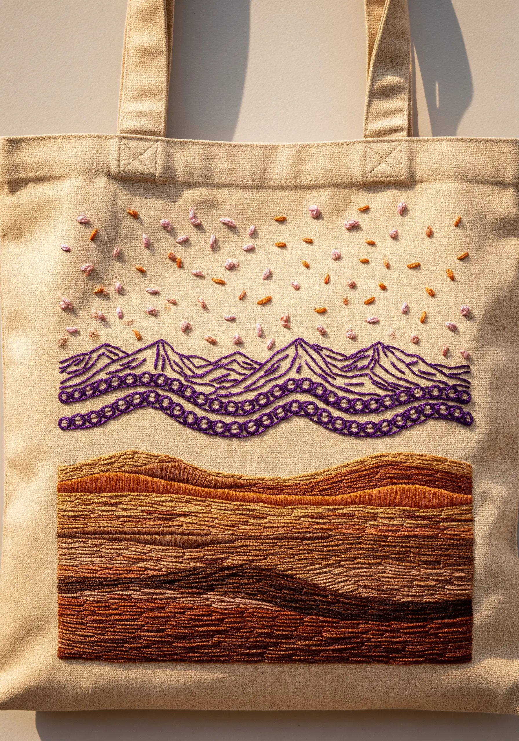 Abstract landscape embroidery with textured layers representing earth and sky.