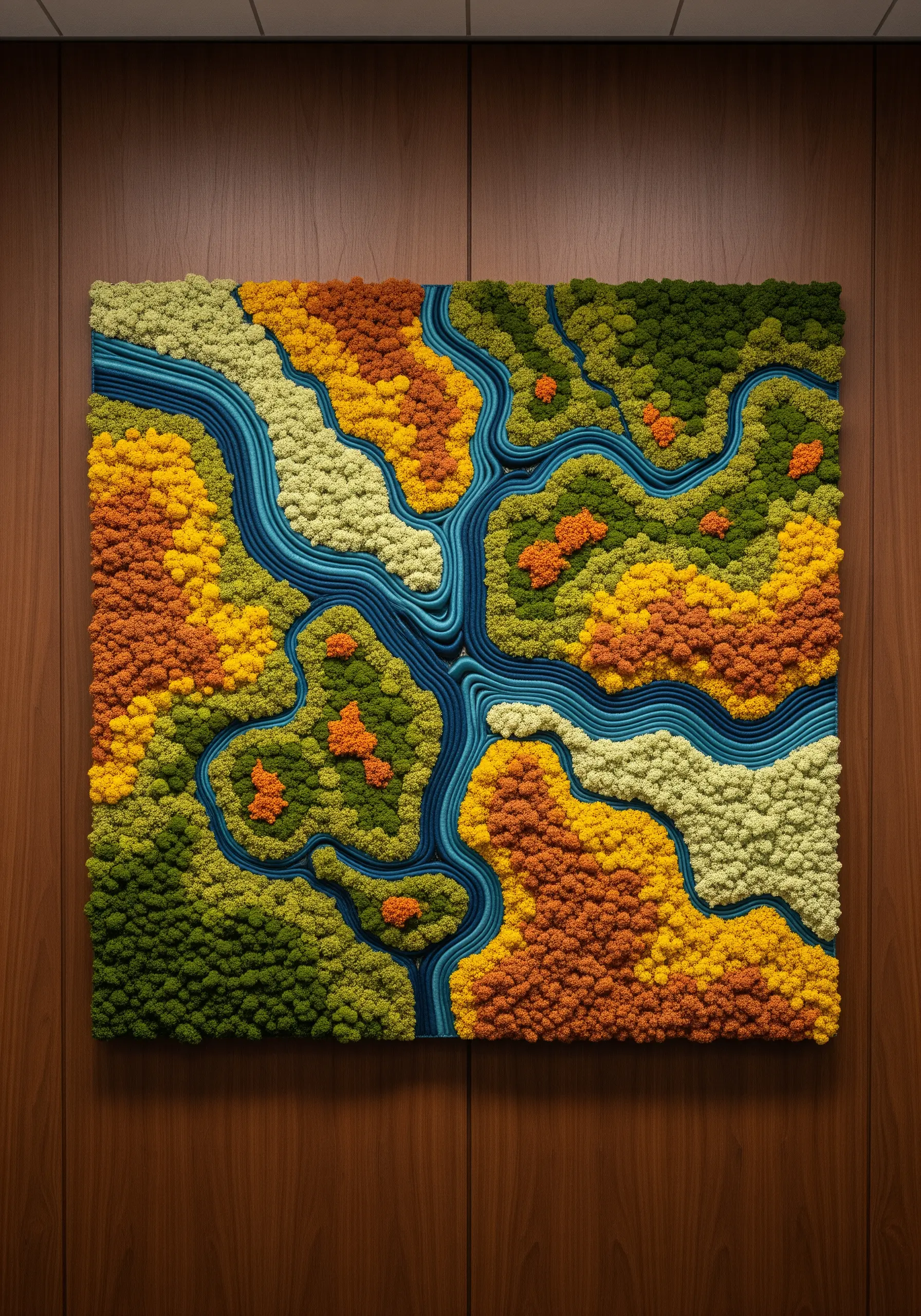 A square, textured piece resembling a colorful topographical map with blue rivers and multi-toned land.