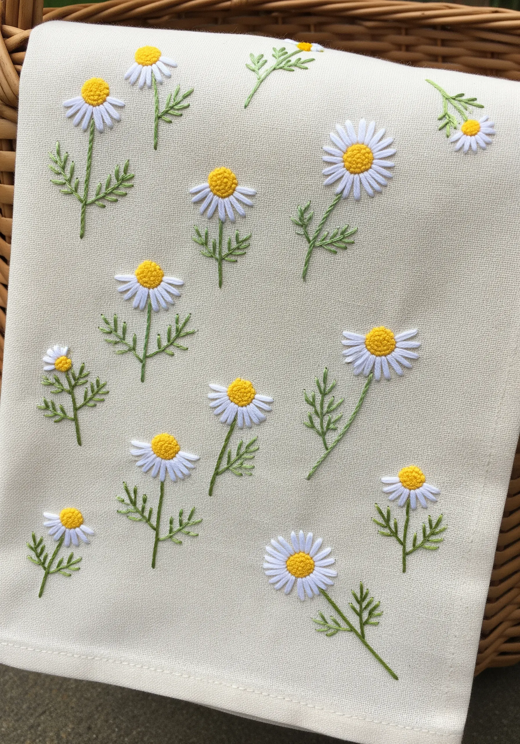 A pattern of small embroidered chamomile flowers with white petals and yellow centers on a tea towel.