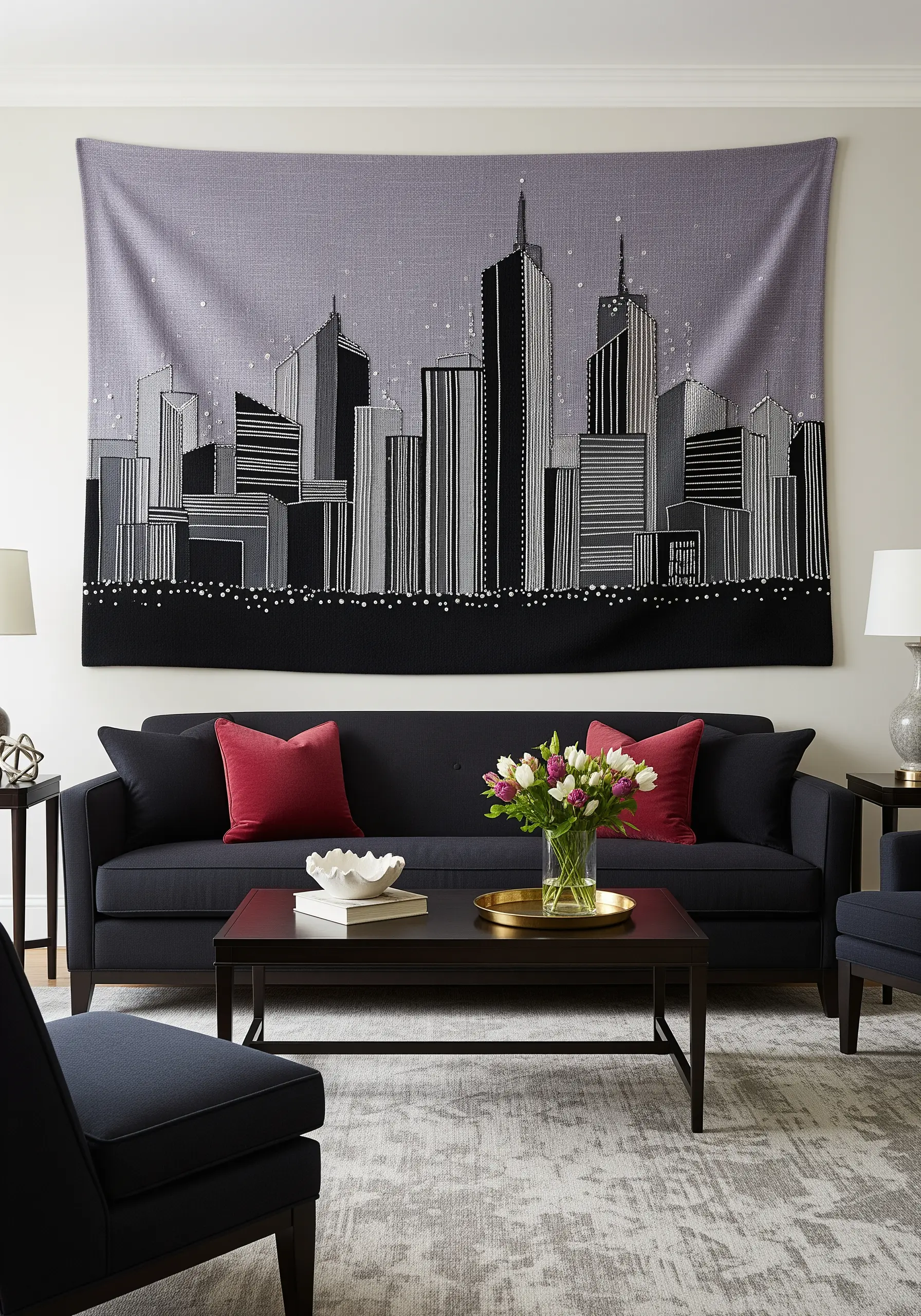 A monochrome embroidered tapestry of a city skyline with detailed straight stitches.