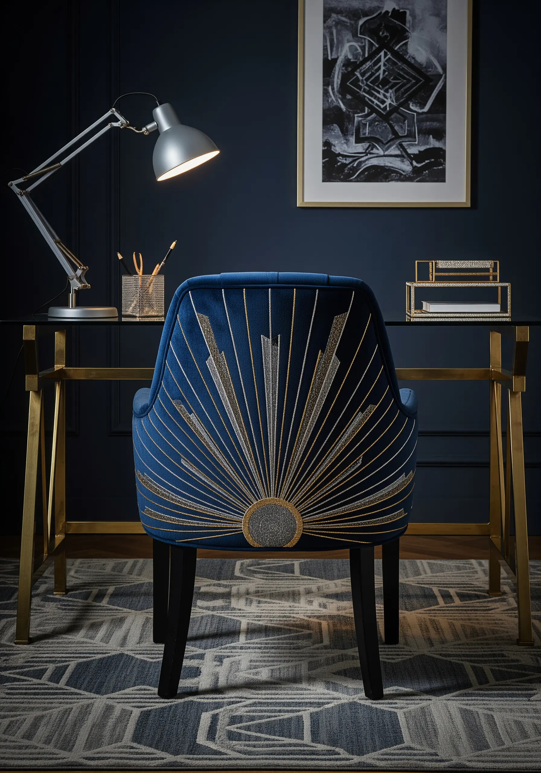 An Art Deco sunburst design in gold and silver metallic thread on a blue velvet chair.