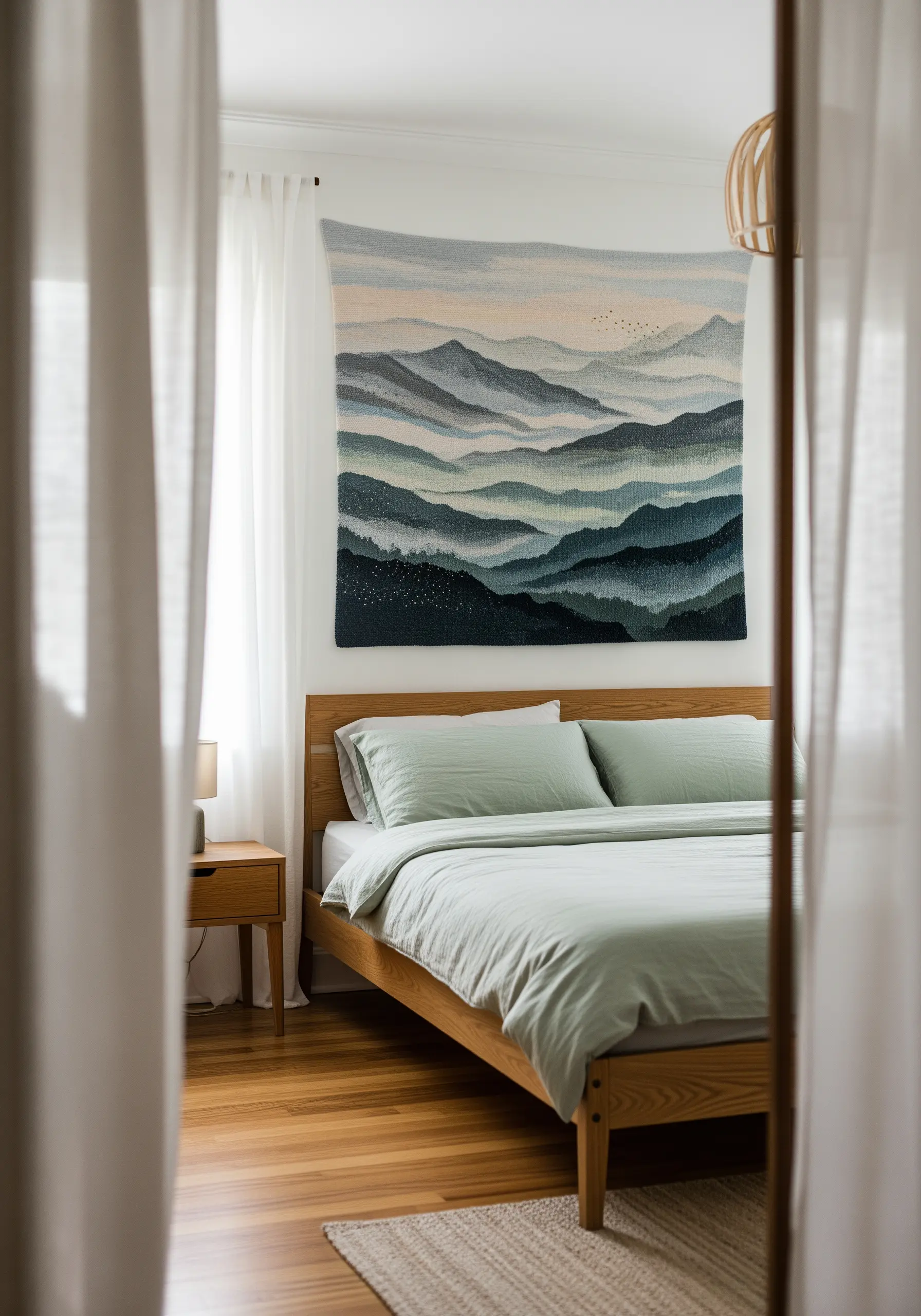 Embroidered wall tapestry of layered mountains in soft blue and green hues over a bed.