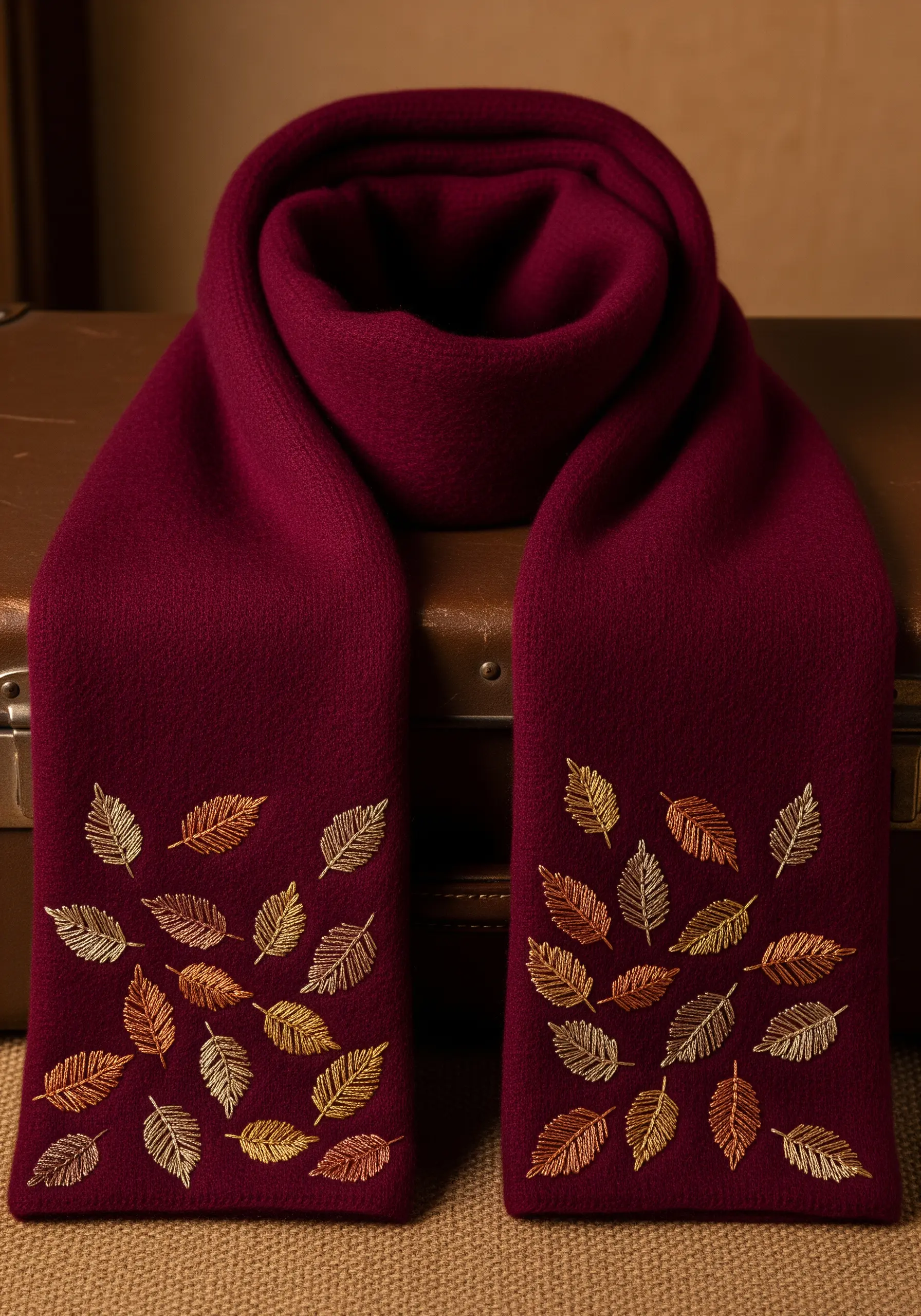 A deep red scarf embellished with scattered, embroidered leaves in gold and copper metallic threads.