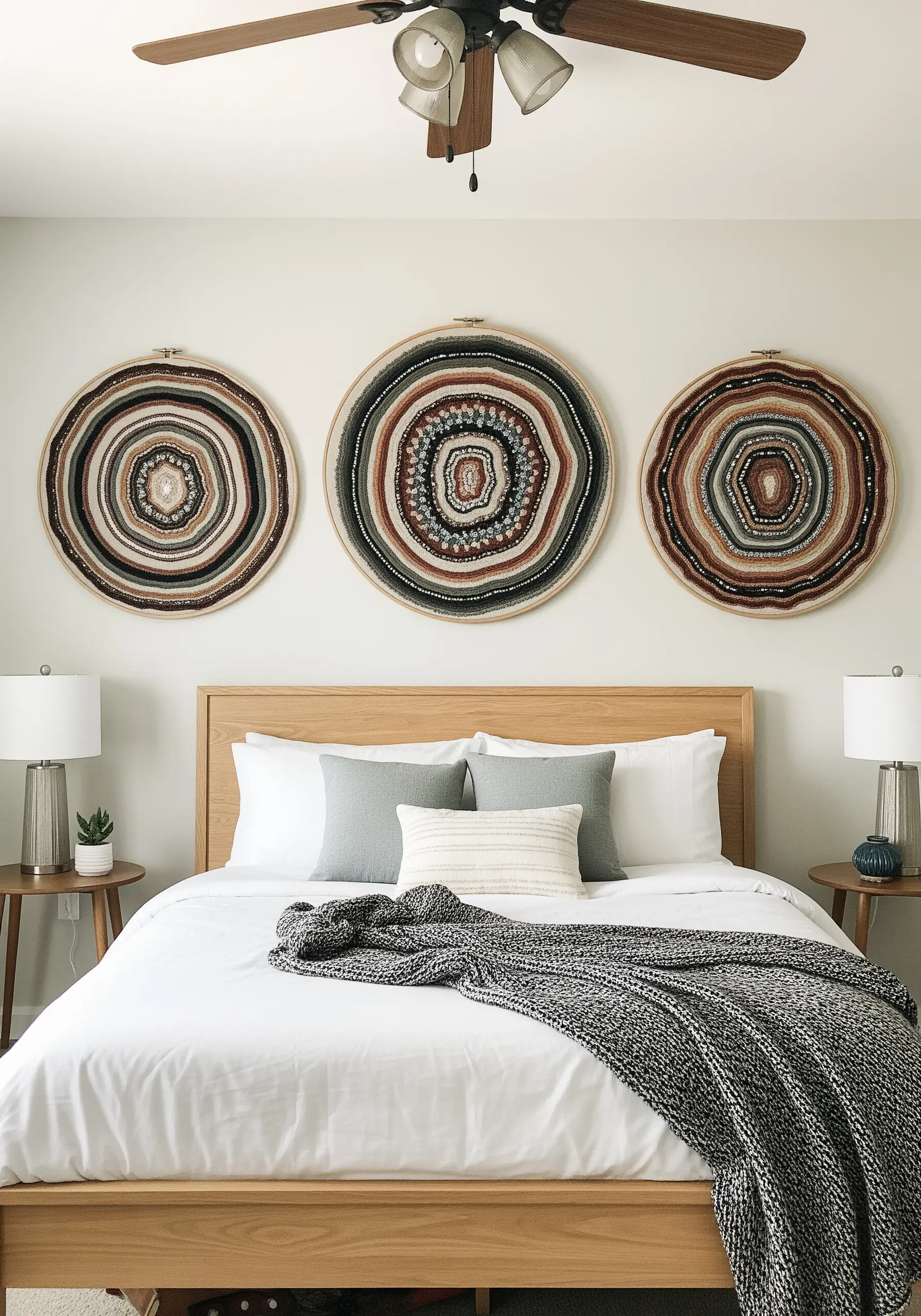 A triptych of three large embroidery hoops with geode patterns above a bed.
