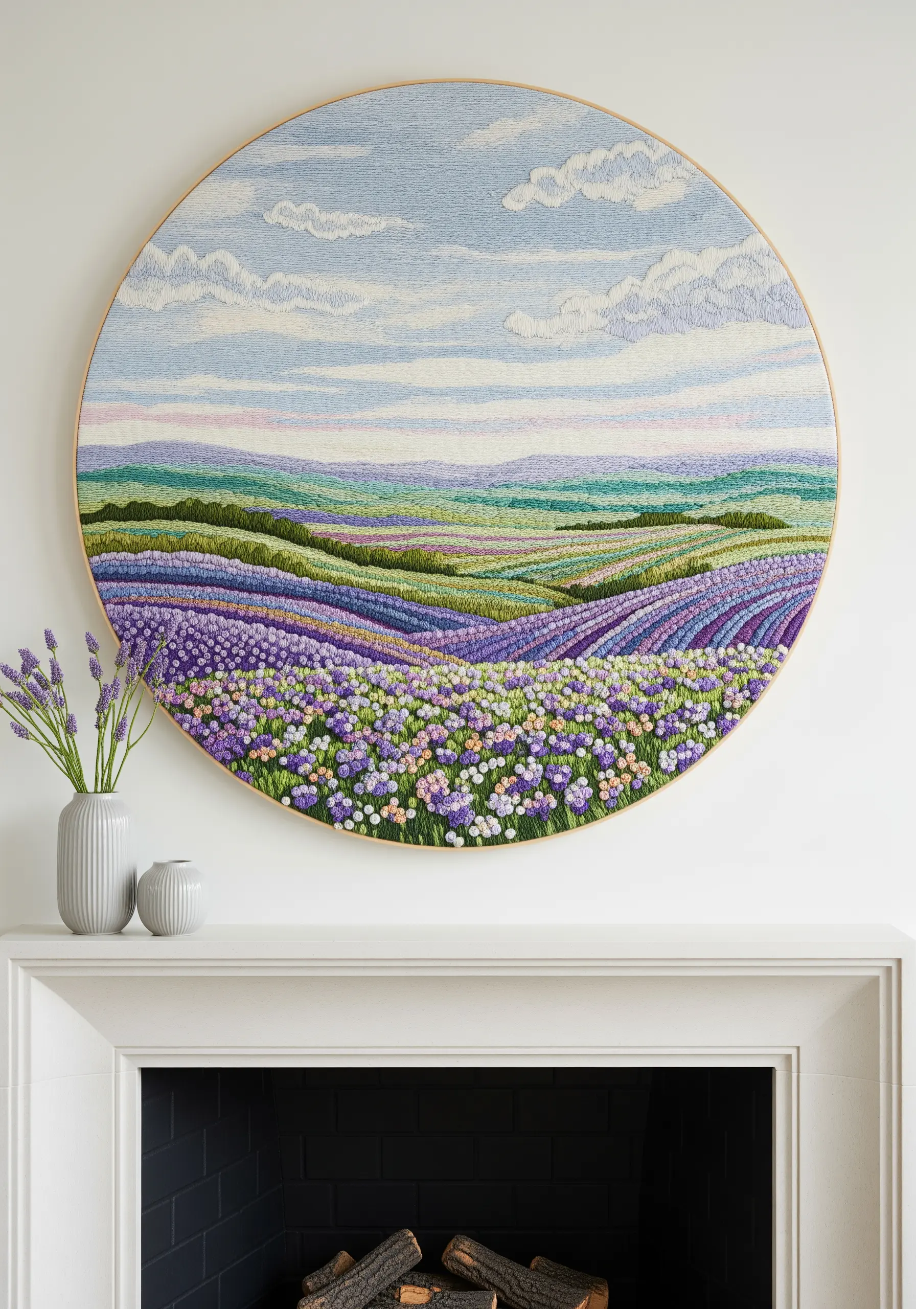 A large, round embroidered landscape of lavender fields with a textured foreground.