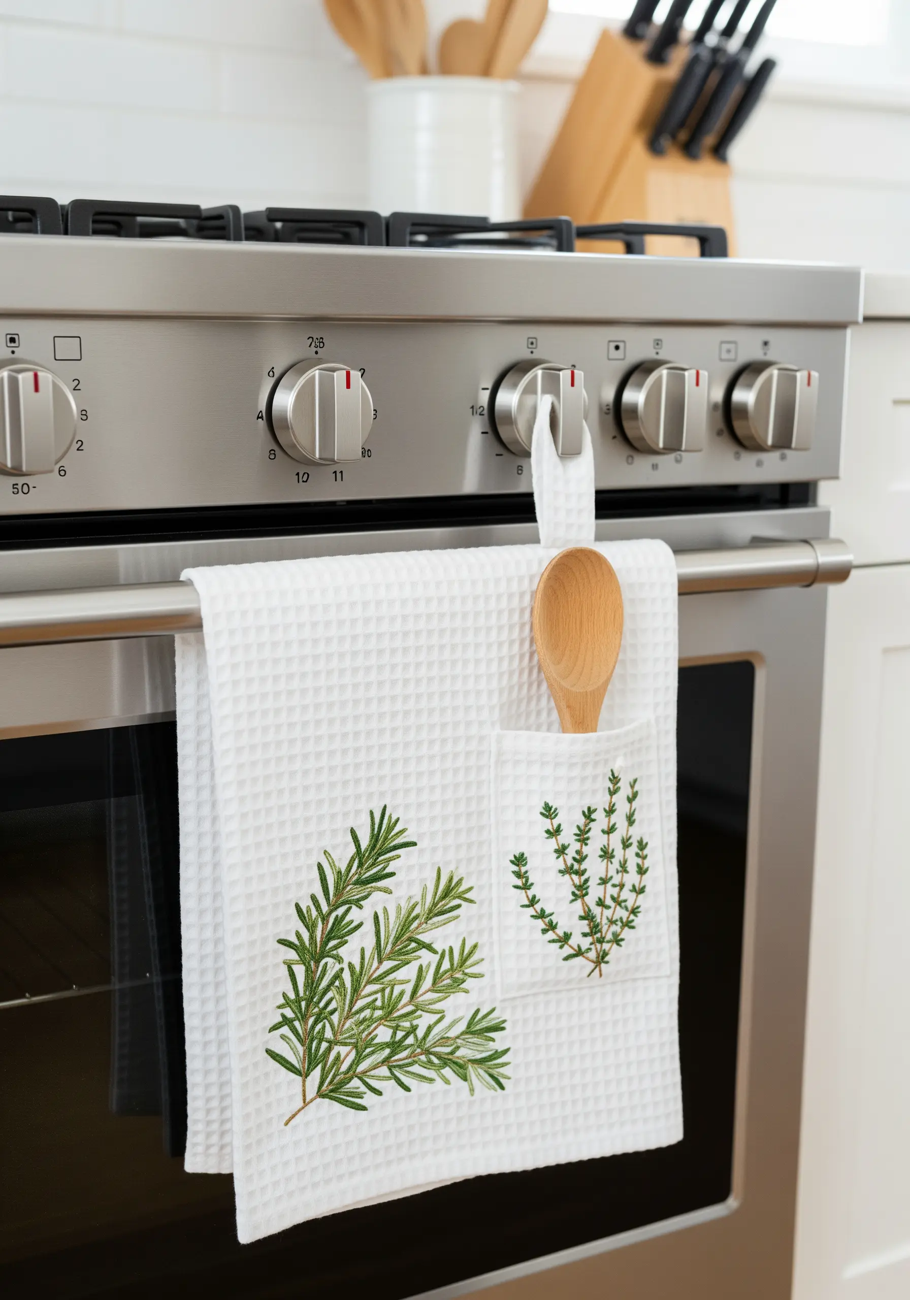 A white waffle-weave kitchen towel embroidered with realistic rosemary and thyme.