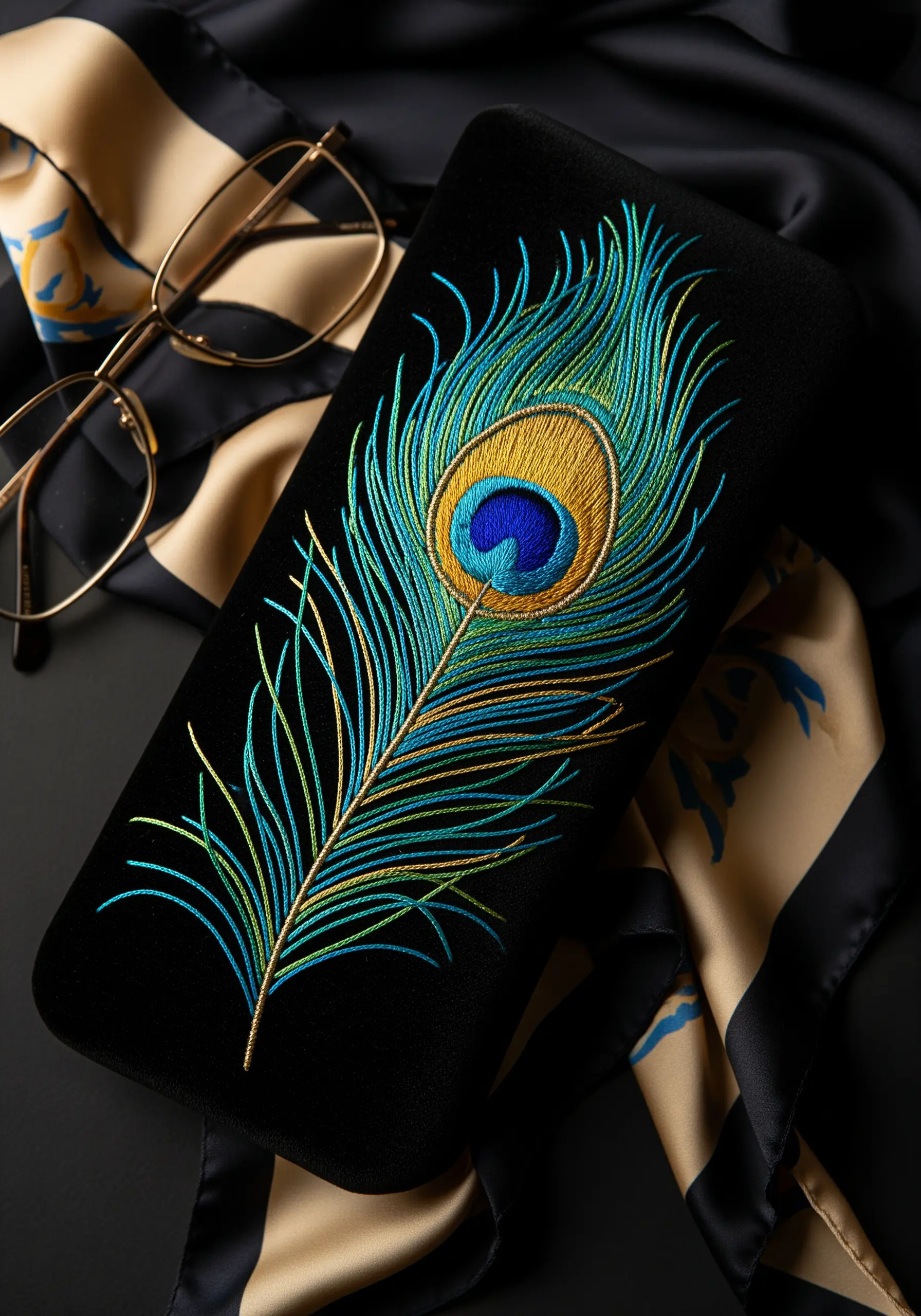 A vibrant peacock feather embroidered on a black velvet glasses case