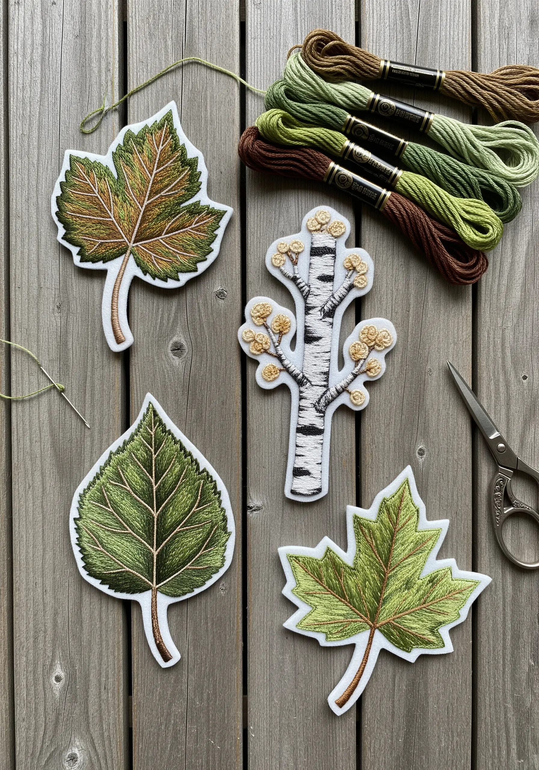 Several embroidered leaf and birch tree patches sitting on a wooden surface next to threads.