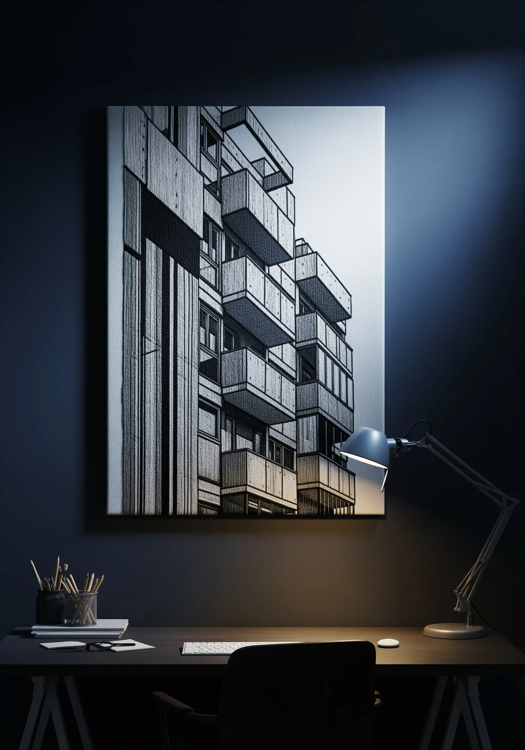 Detailed embroidery of a modern apartment building, focusing on line and shadow.