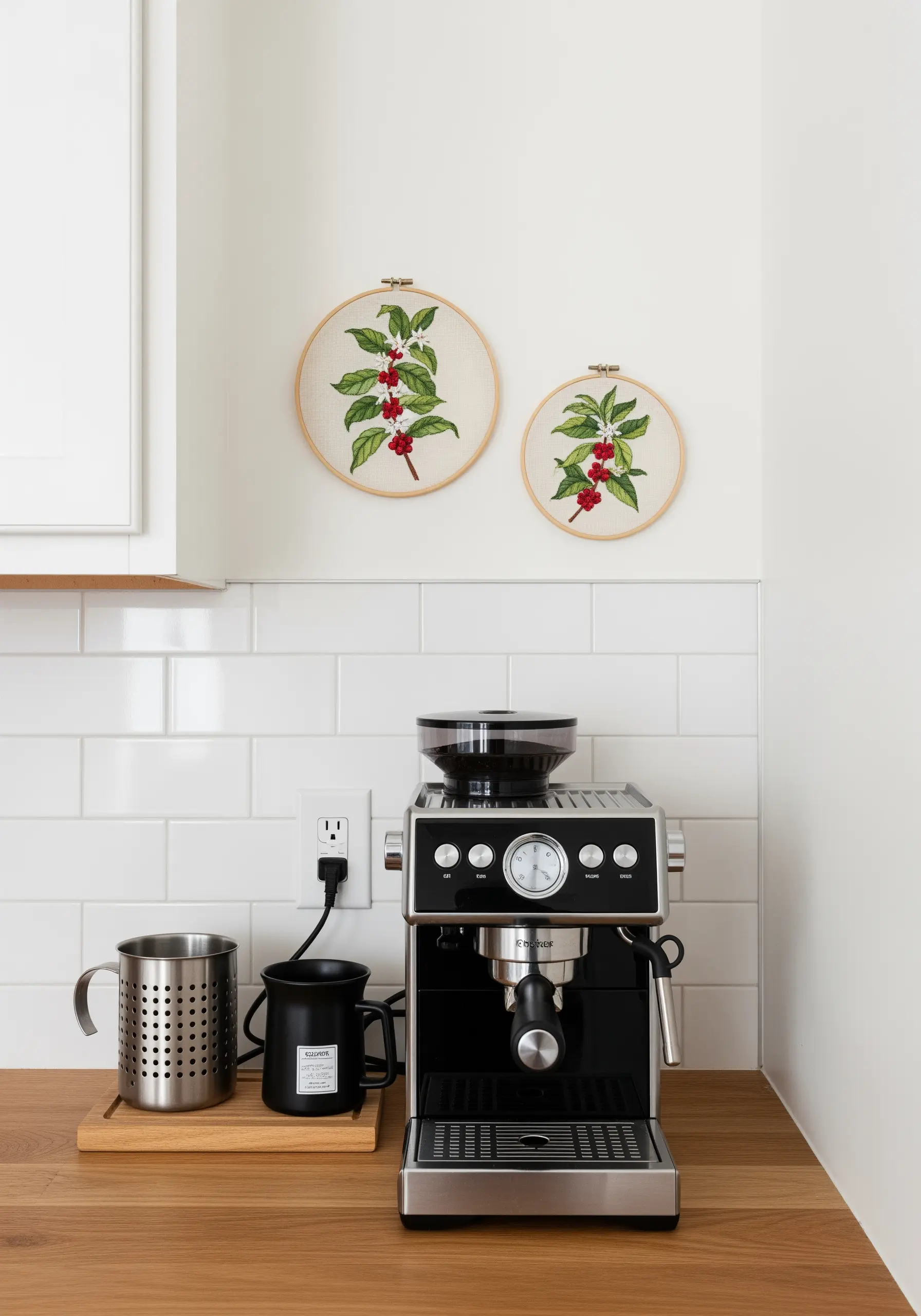 Two embroidery hoops with coffee plant designs hanging on the wall above an espresso machine.