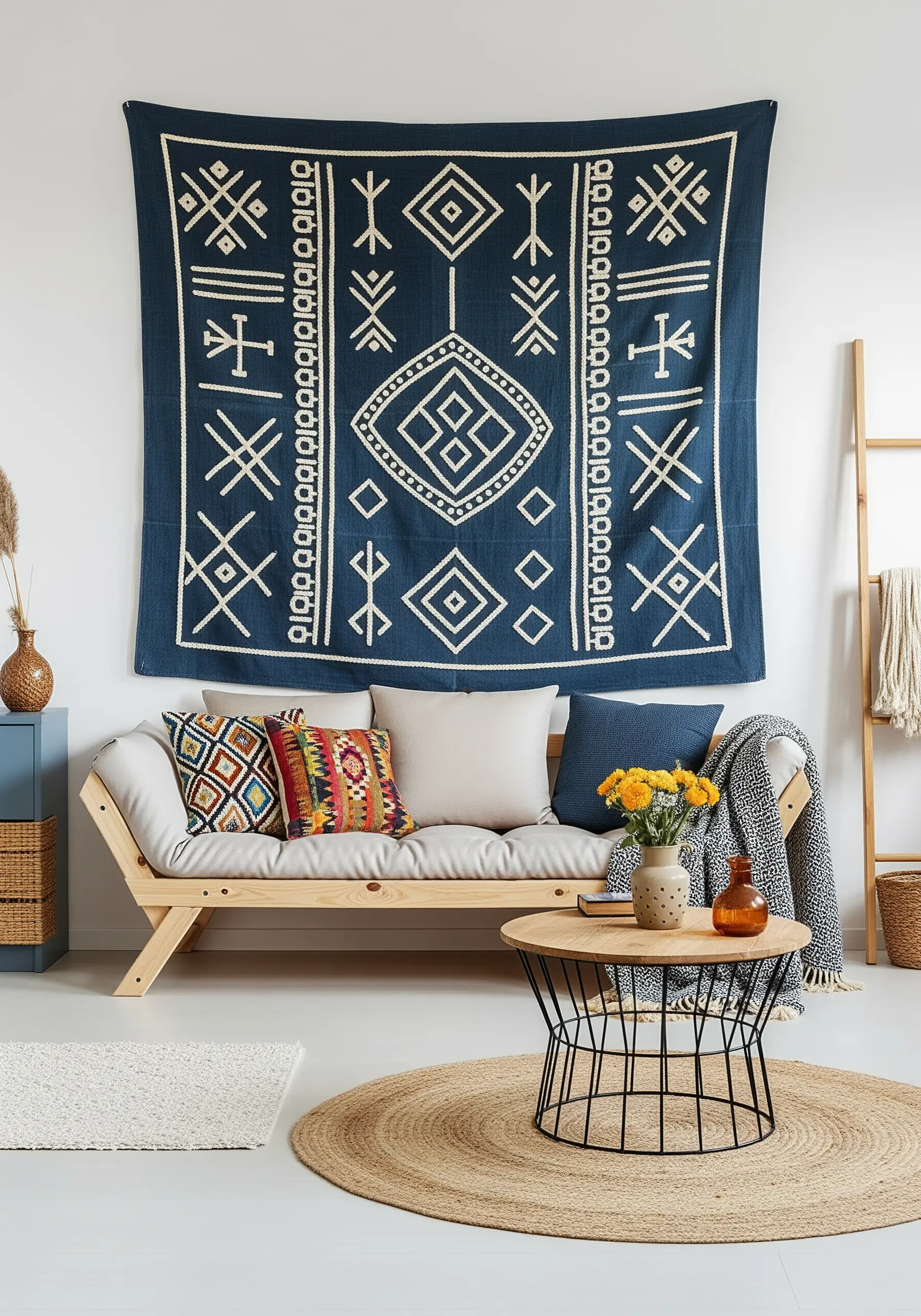 A navy blue tapestry with bold, geometric patterns embroidered in thick, cream-colored thread.