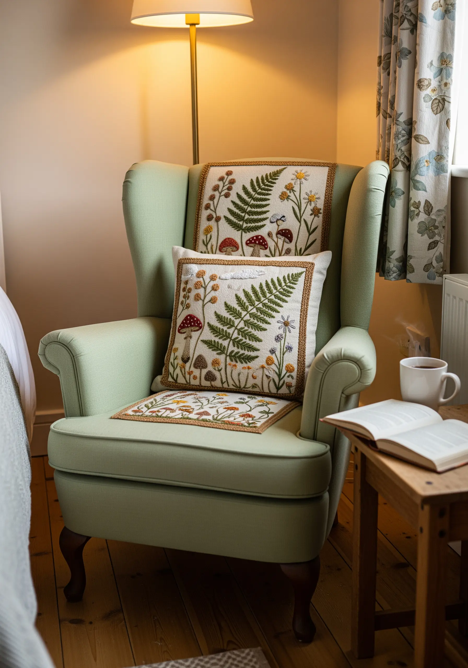 Embroidered cushion covers with detailed fern, mushroom, and wildflower motifs.