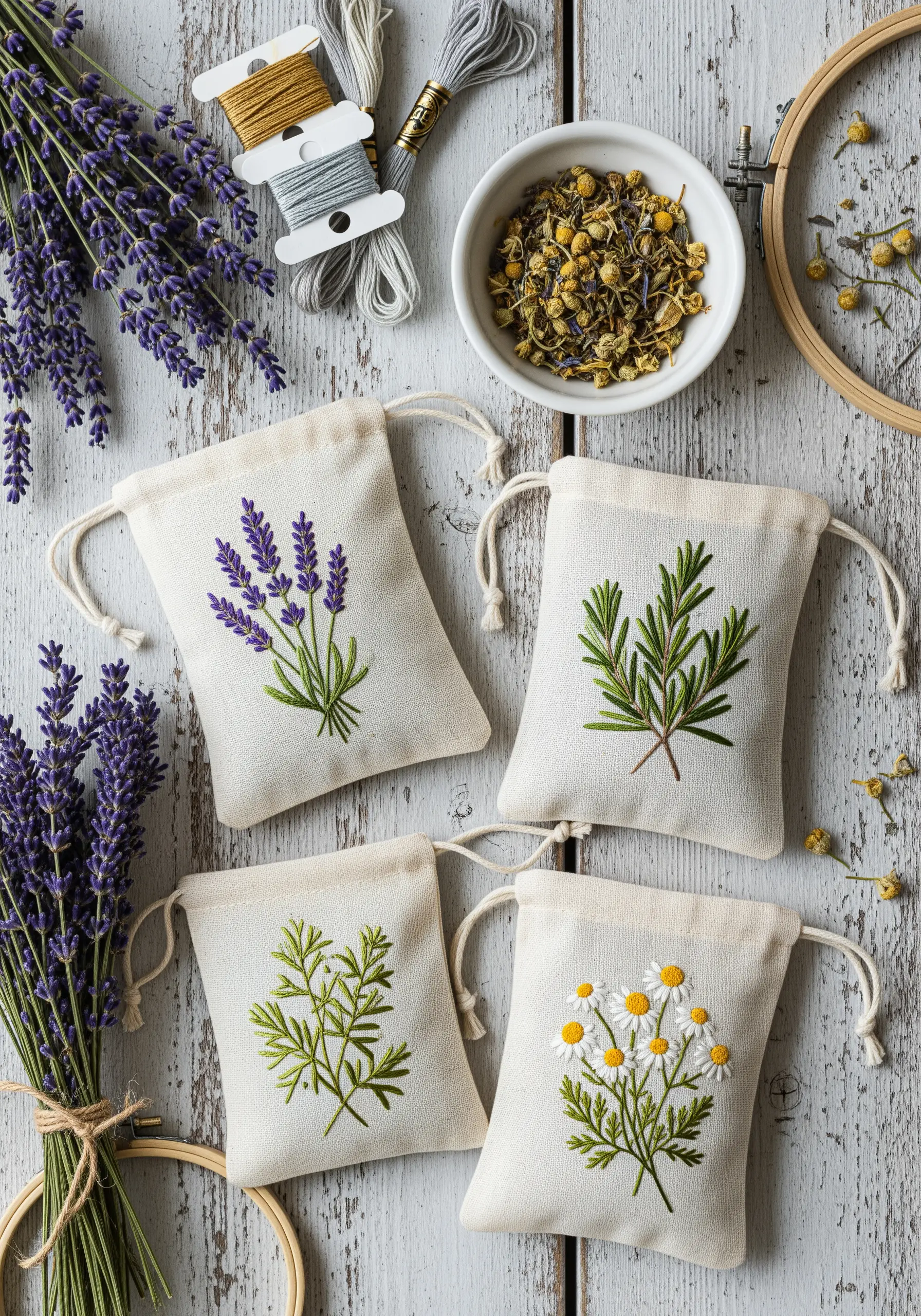 Four small linen drawstring bags embroidered with lavender, rosemary, chamomile, and another herb.
