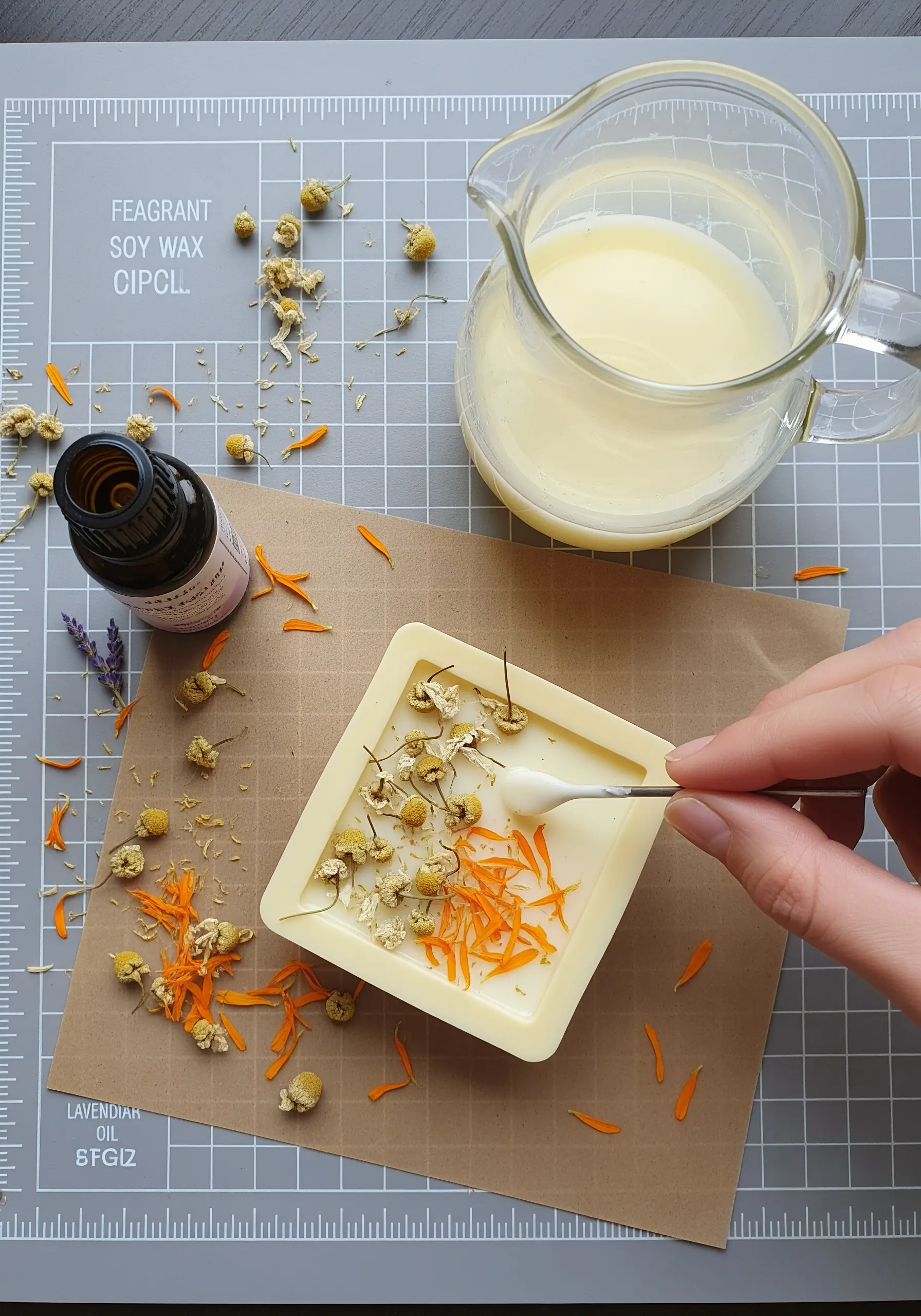 A hand placing dried chamomile and calendula petals into a square wax melt mold.