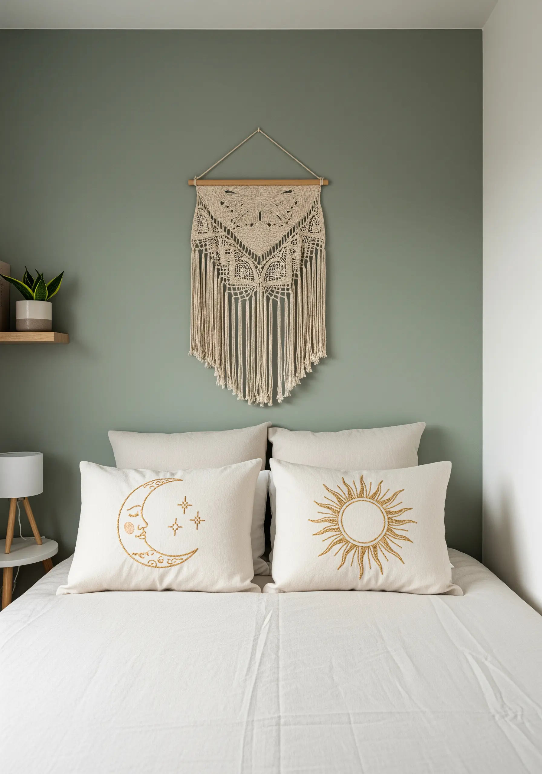 Two embroidered pillows on a bed, one with a gold metallic sun and the other a moon.