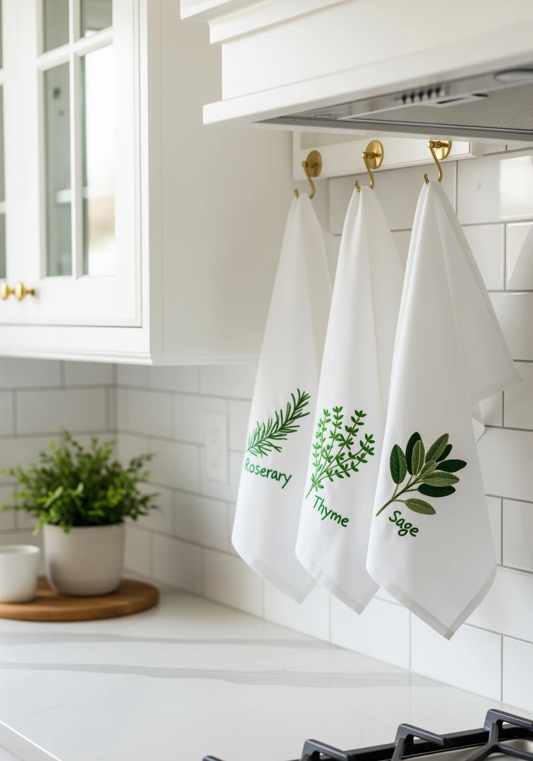 Three white kitchen towels, each embroidered with a different herb: rosemary, thyme, and sage.
