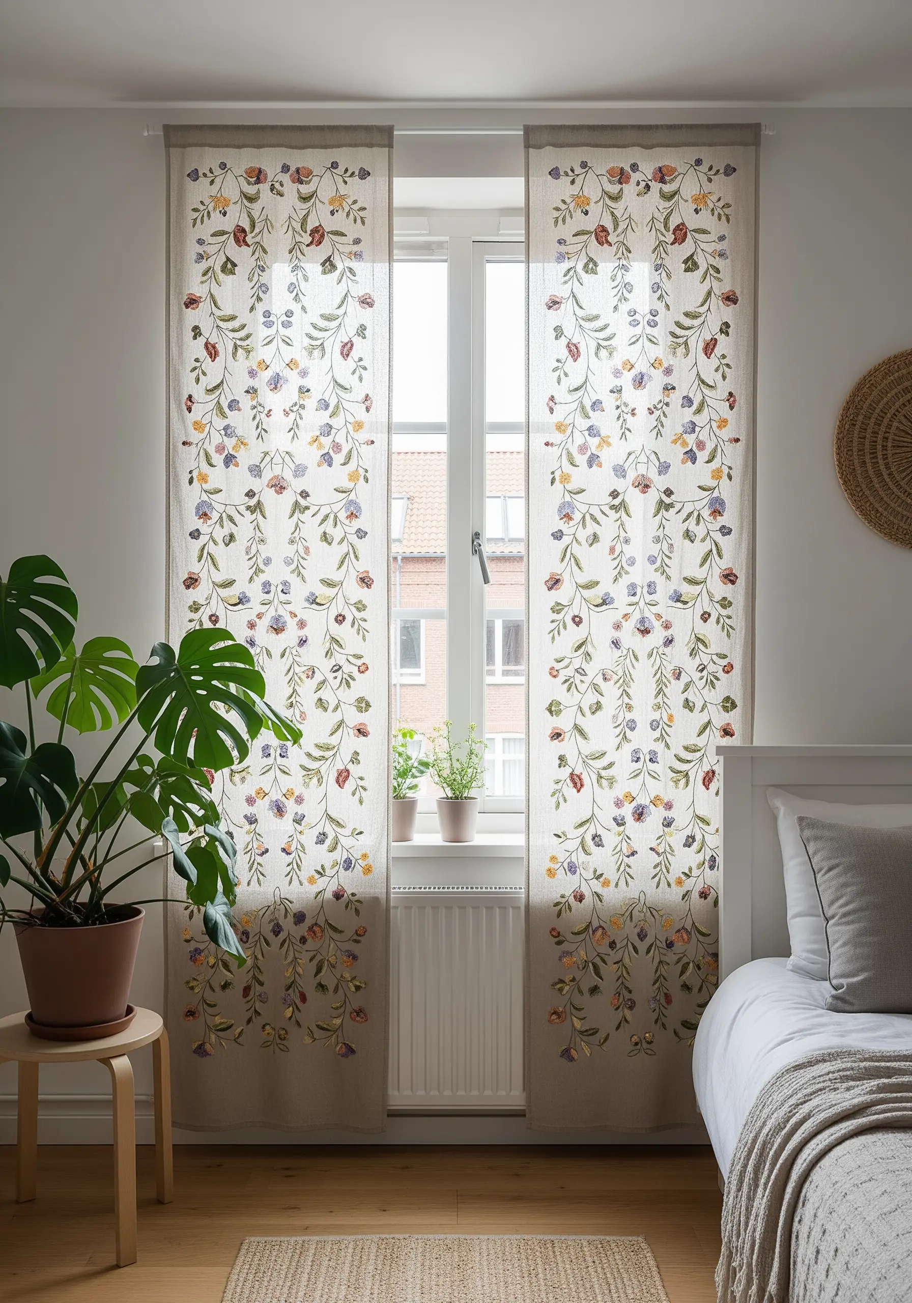 Sheer linen curtains embroidered with a delicate, colorful climbing floral pattern hanging in a bedroom.