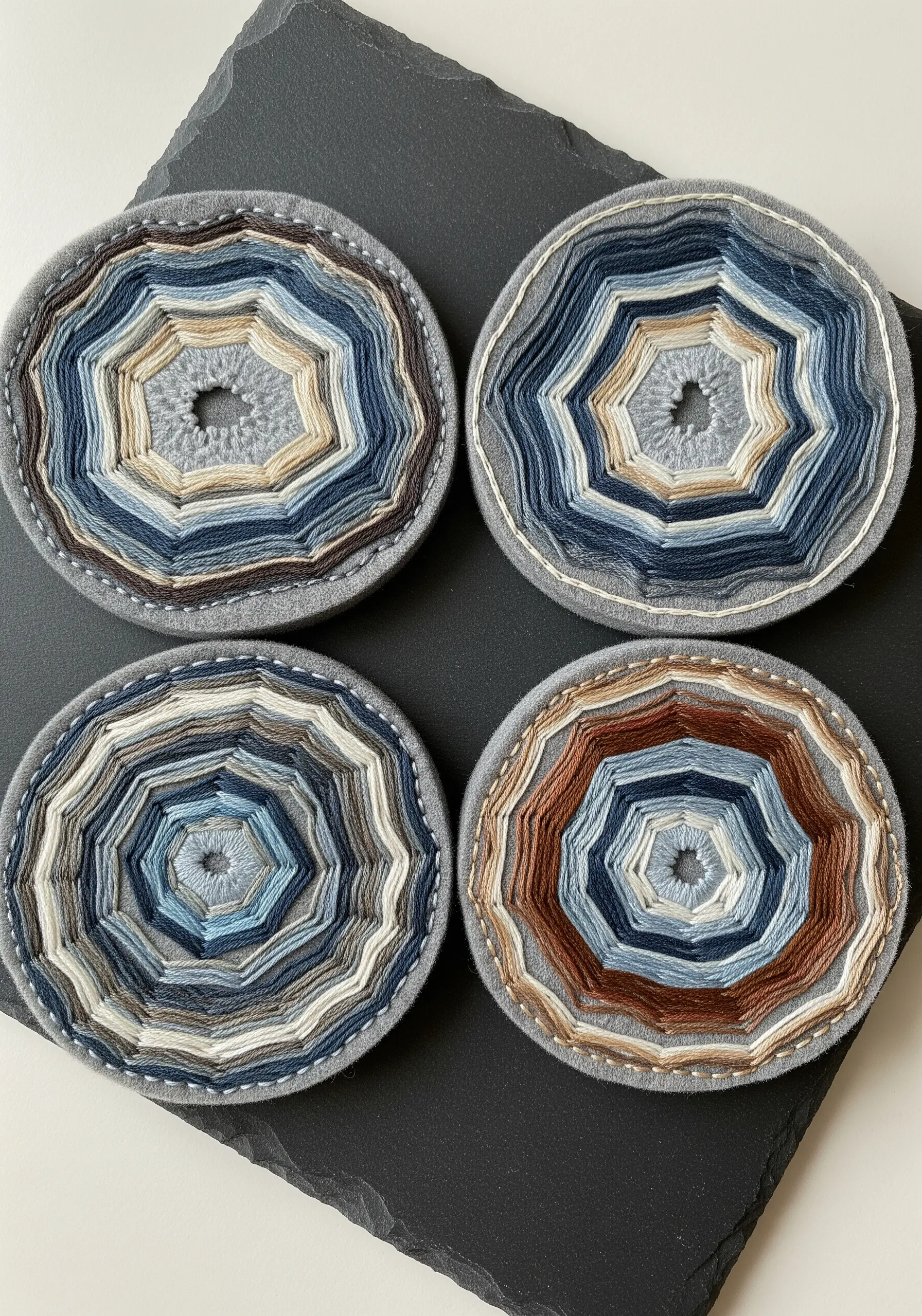 Four embroidered felt coasters with concentric rings of blue, brown, and cream yarn.