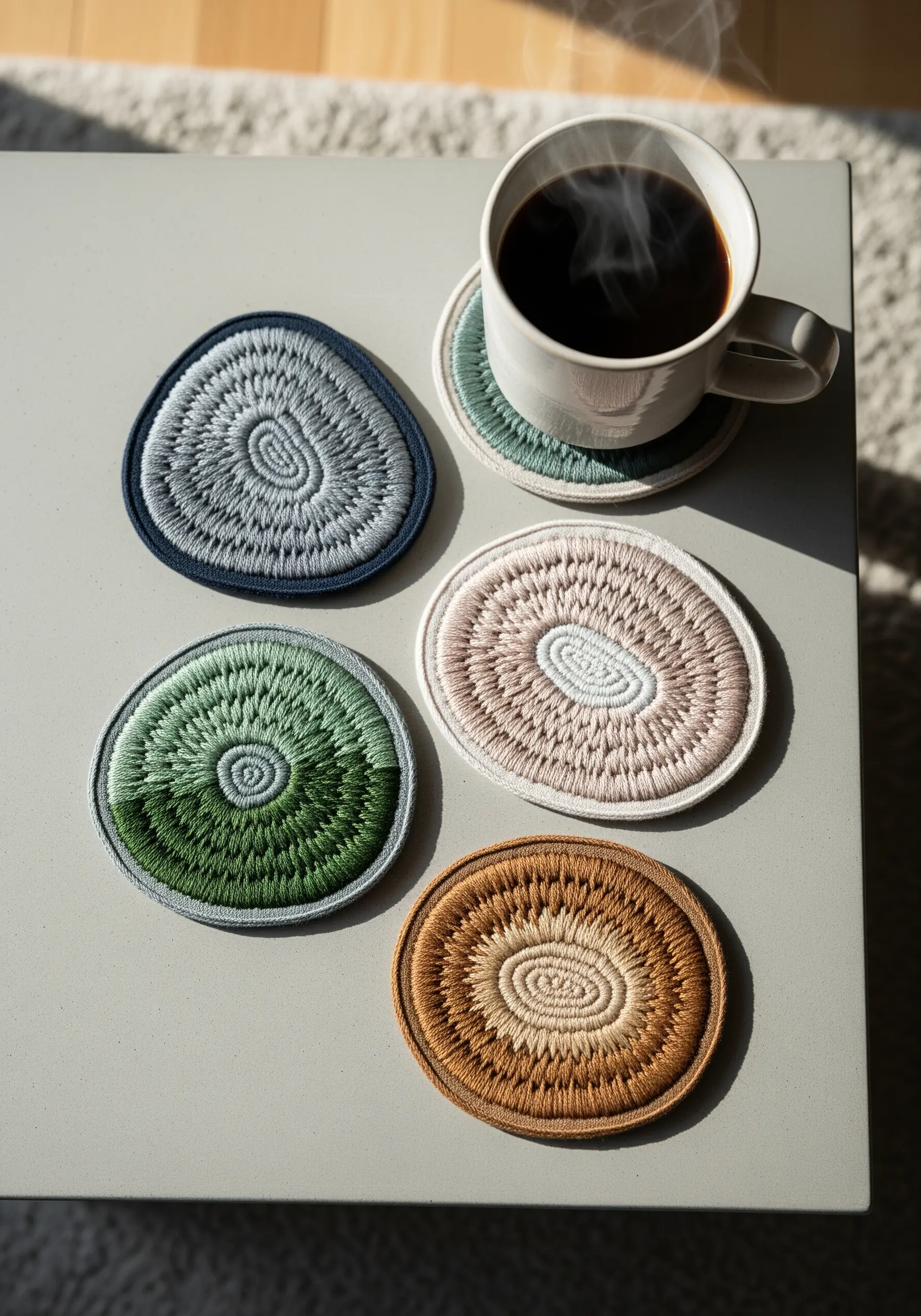 A set of five round coasters with concentric rings of embroidery in earthy, muted tones.