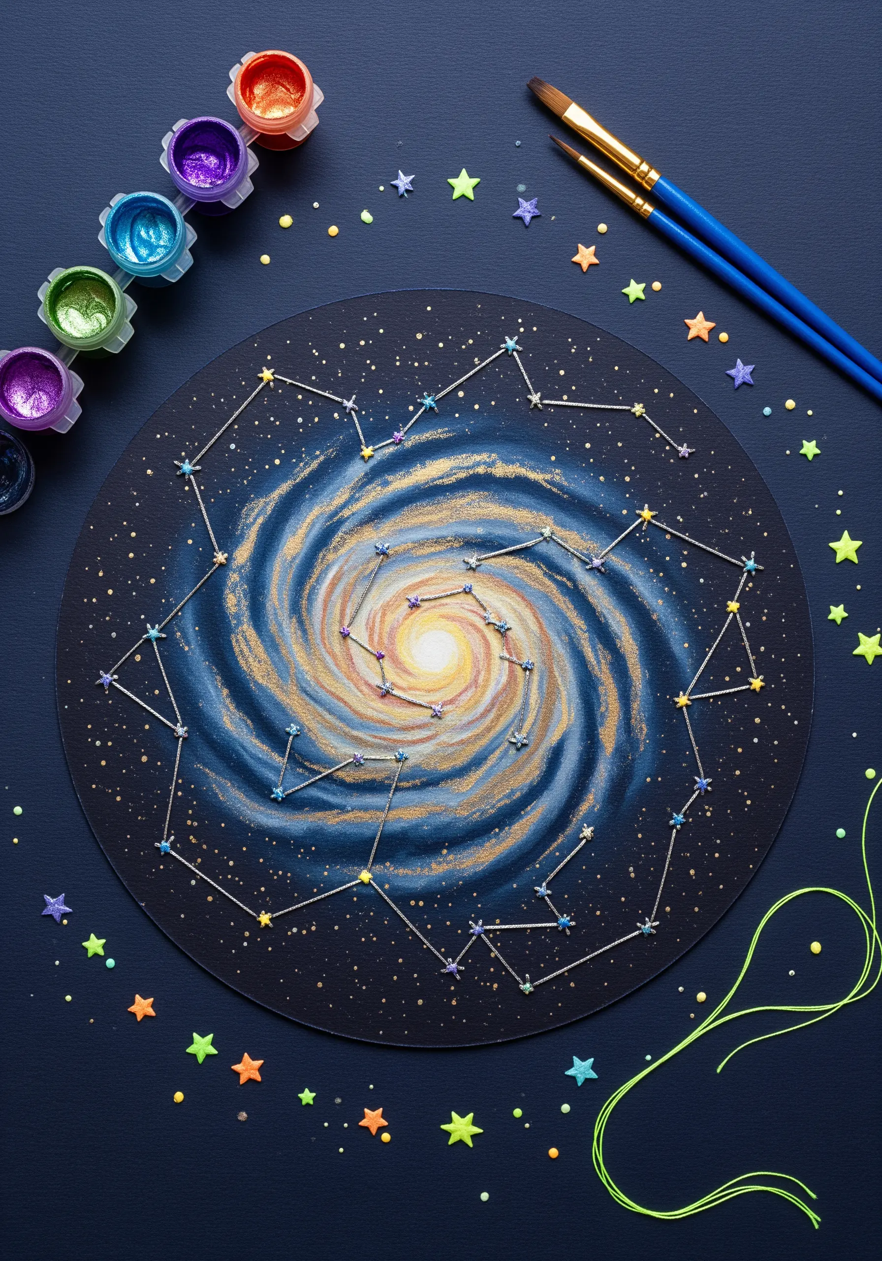 A painted galaxy on dark paper with constellations stitched in yellow thread.