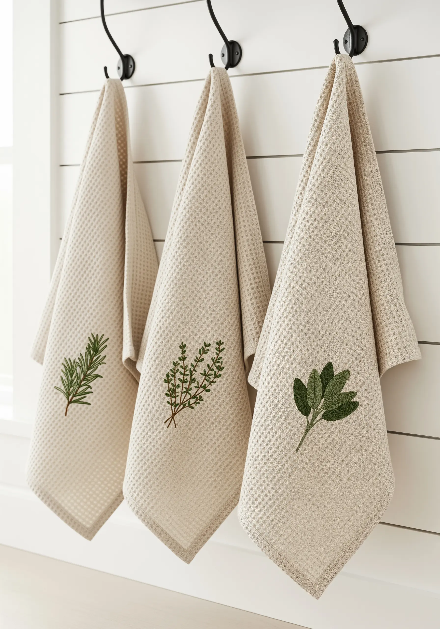 Three waffle-weave kitchen towels, each embroidered with a different herb: rosemary, thyme, and sage.