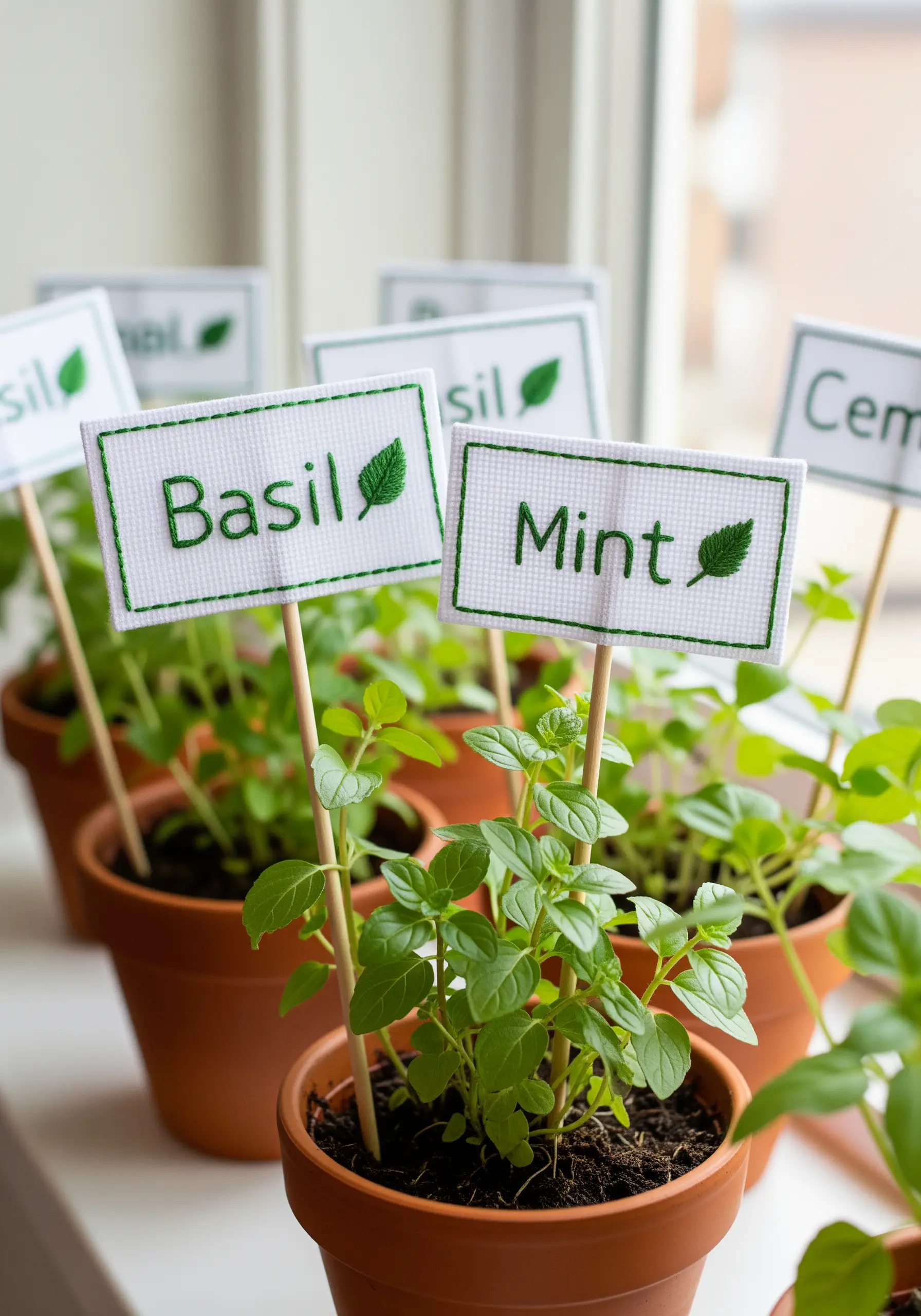 Hand-stitched plant markers for basil and mint in terracotta pots.