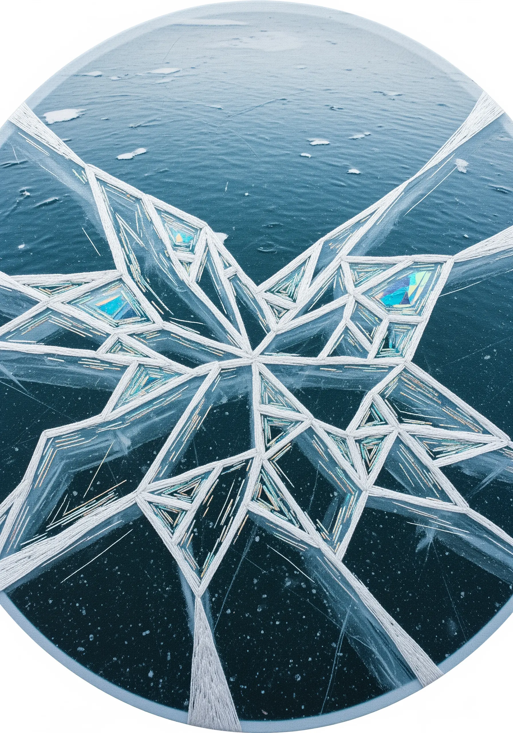A geometric star pattern embroidered to look like cracks in ice on a dark blue surface.