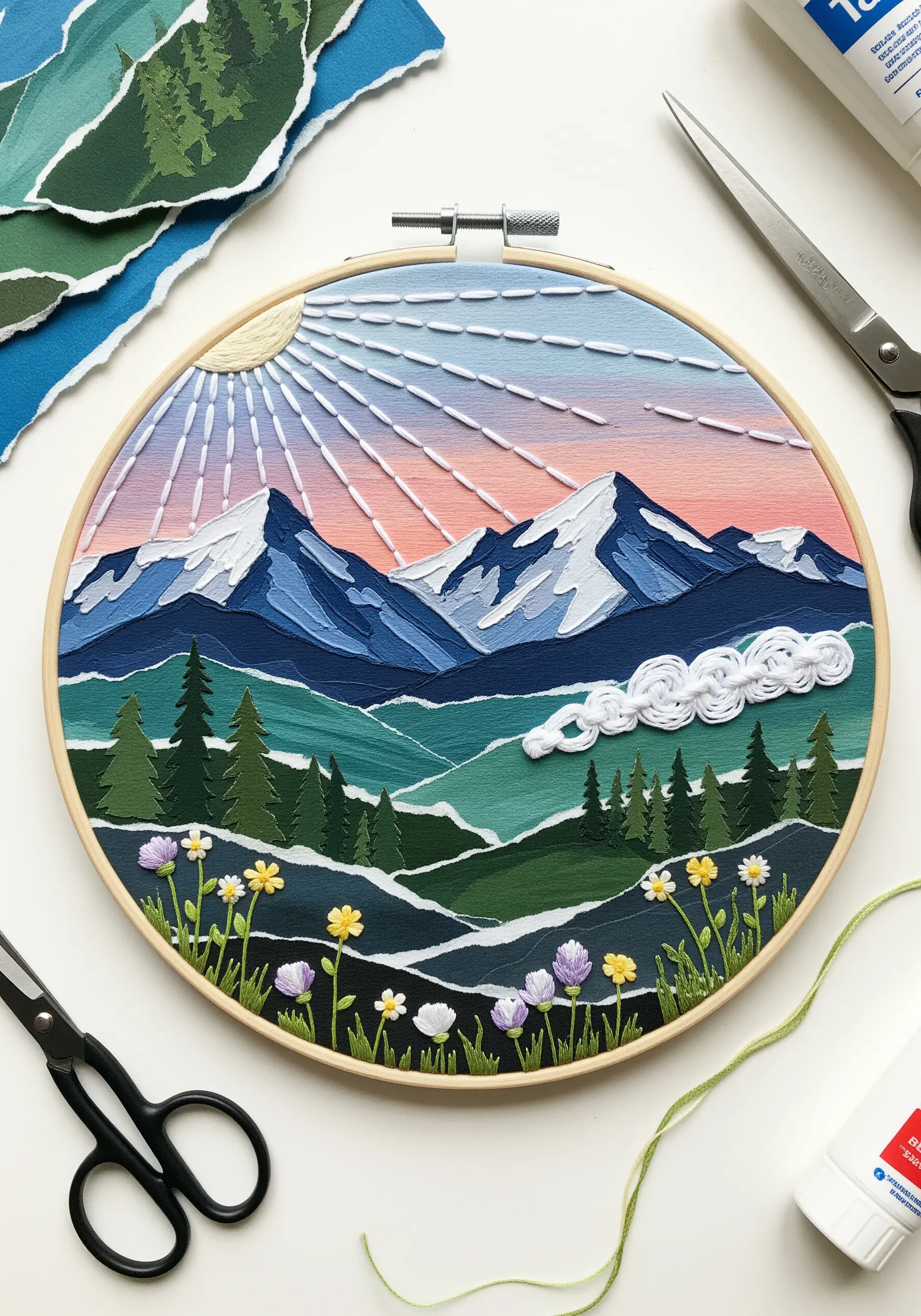 A landscape in an embroidery hoop made from torn paper layers and detailed with embroidery.