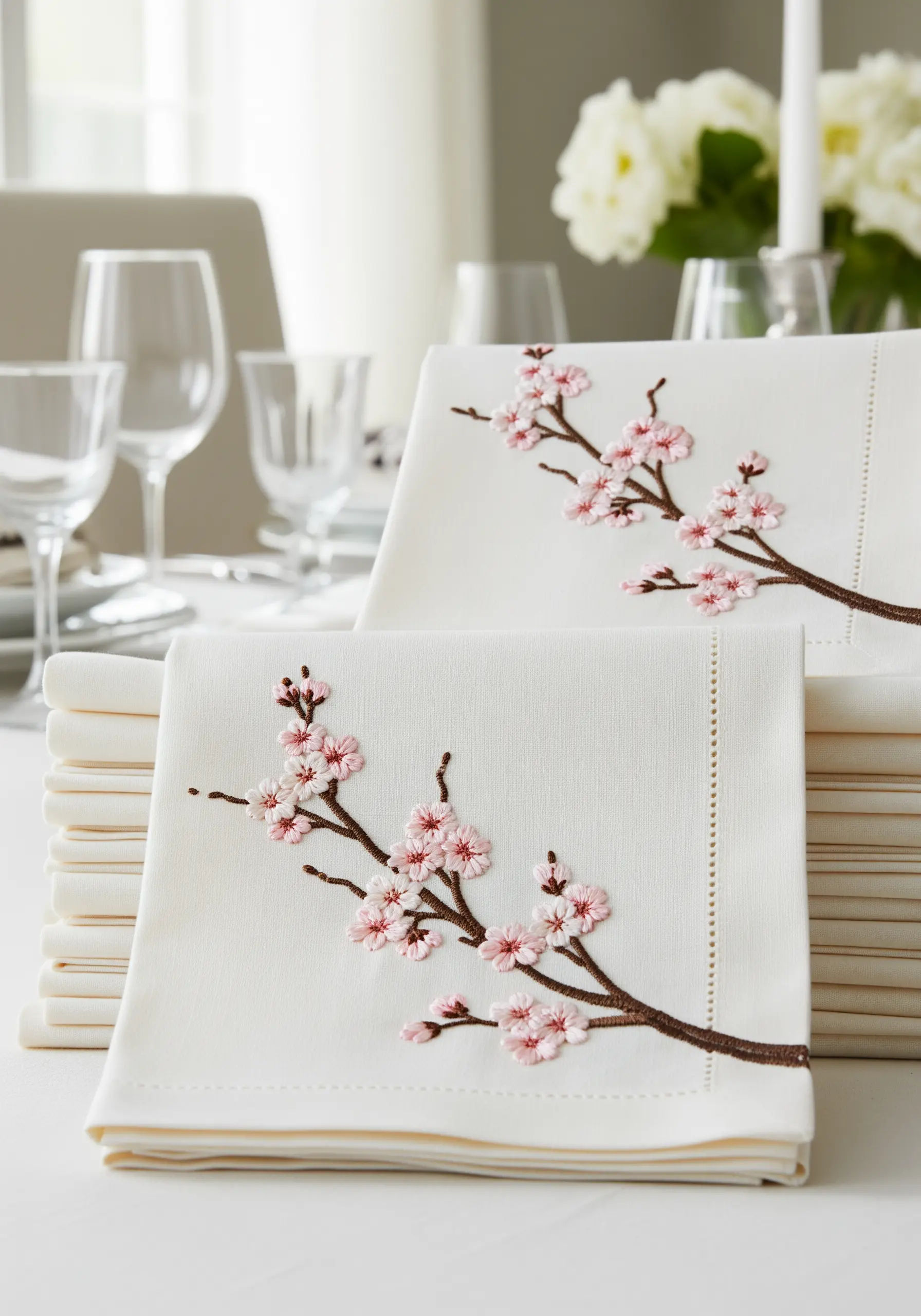 Delicate pink cherry blossoms embroidered on the branches of a tree on white table napkins.