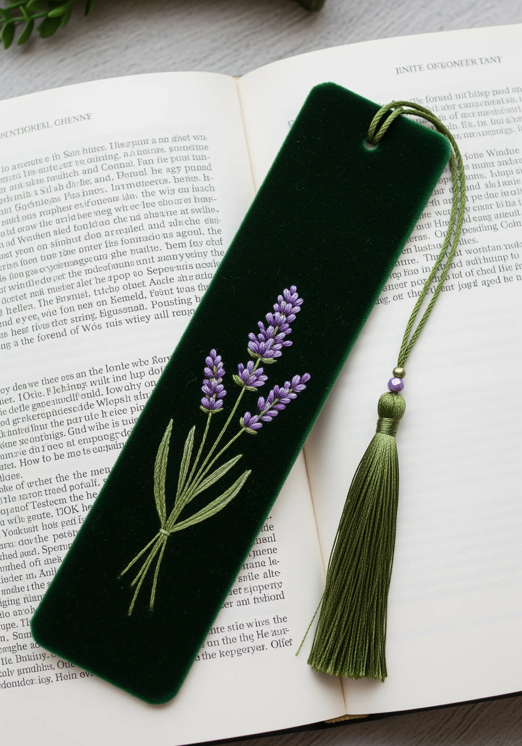 A dark green velvet bookmark embroidered with a delicate sprig of purple lavender.