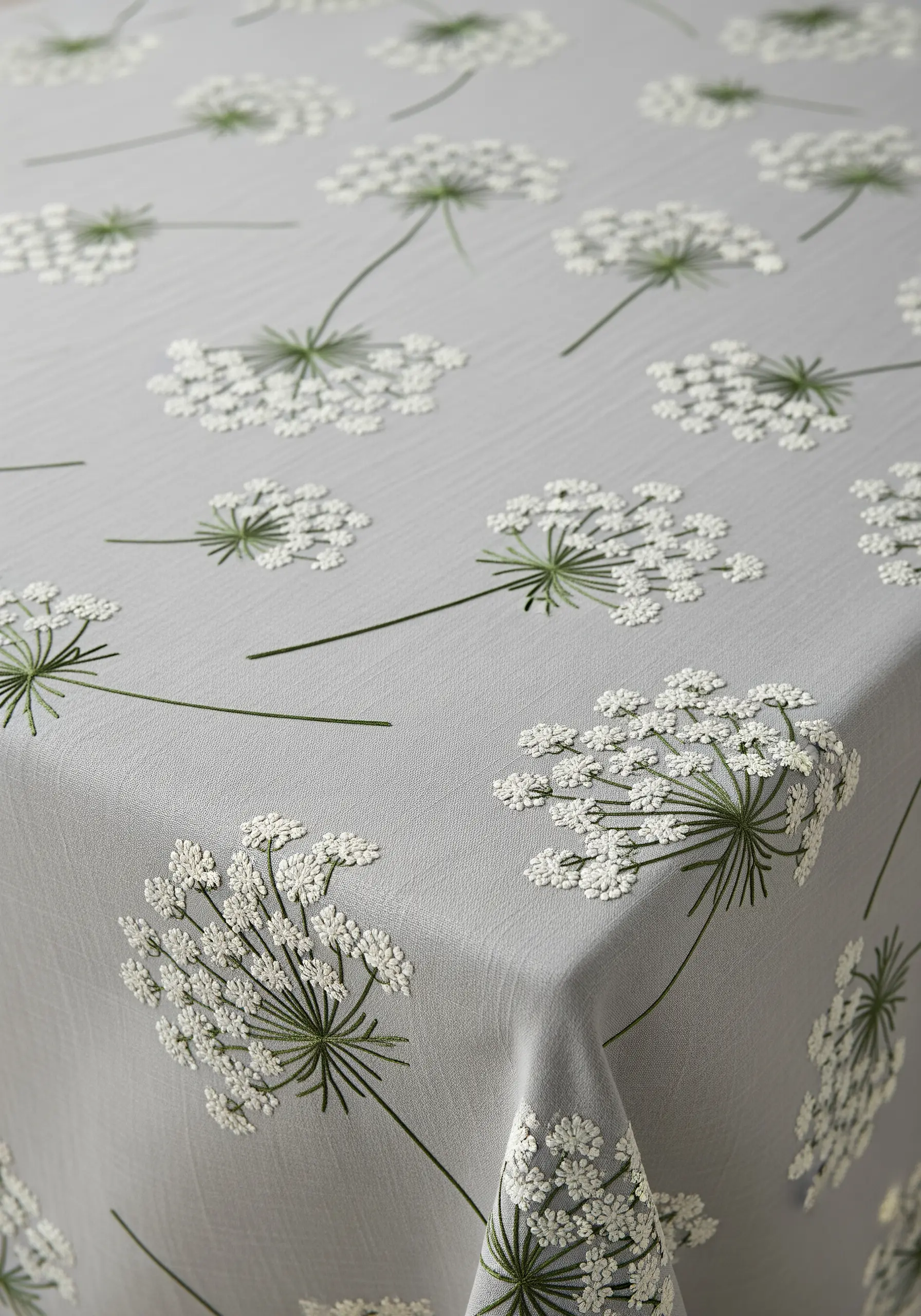 A gray tablecloth with an all-over pattern of delicate, embroidered Queen Anne's lace.