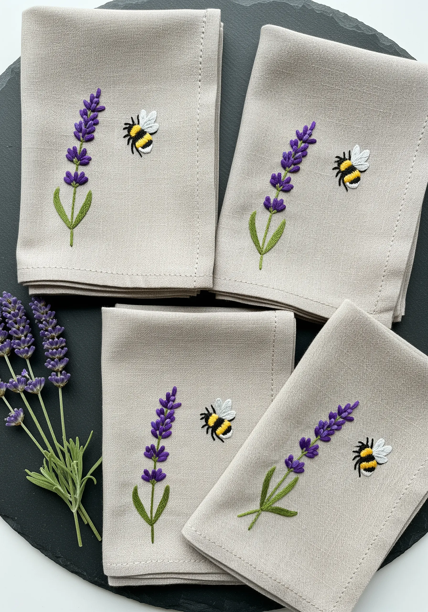 Linen napkins embroidered with small lavender sprigs and bumblebees