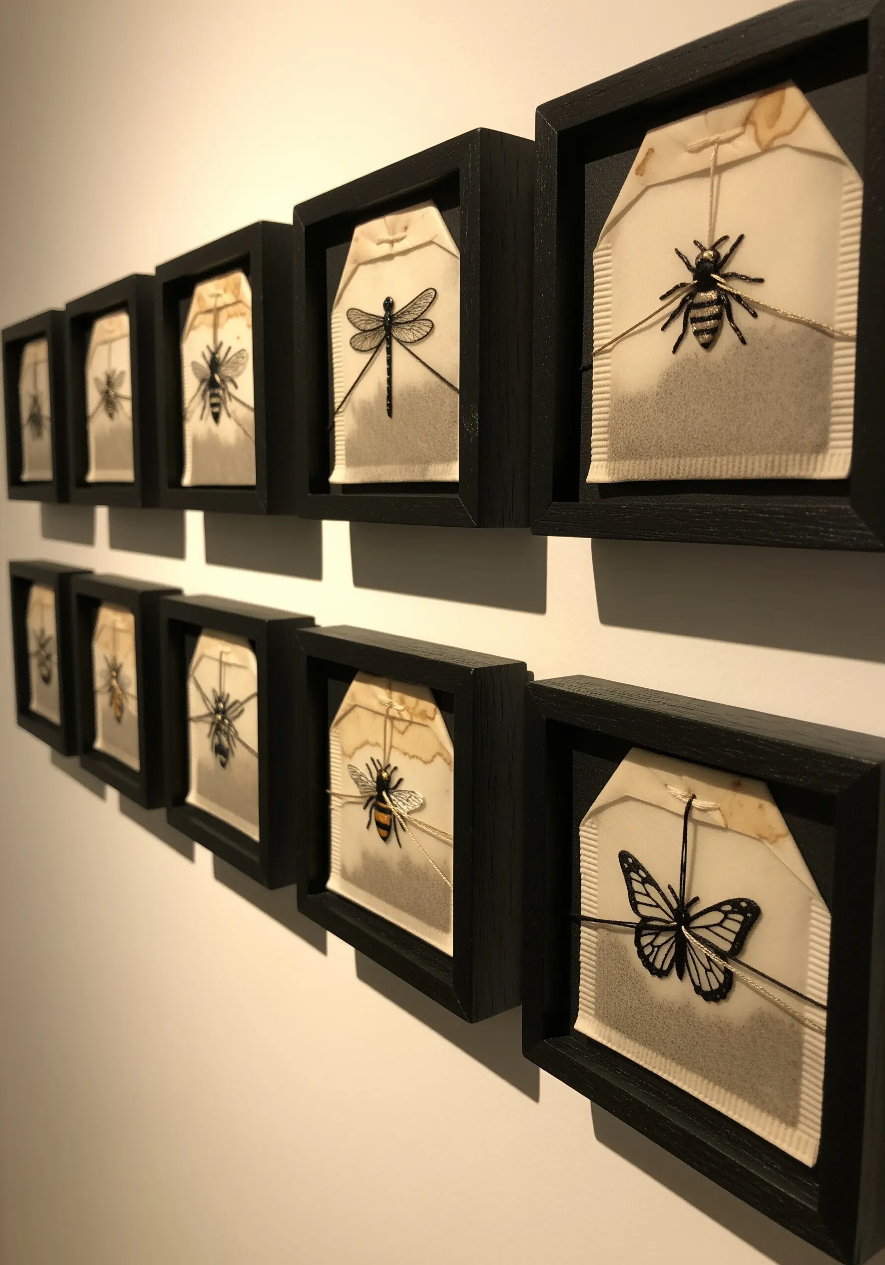 A gallery wall of framed, used tea bags, each embroidered with a delicate black insect.