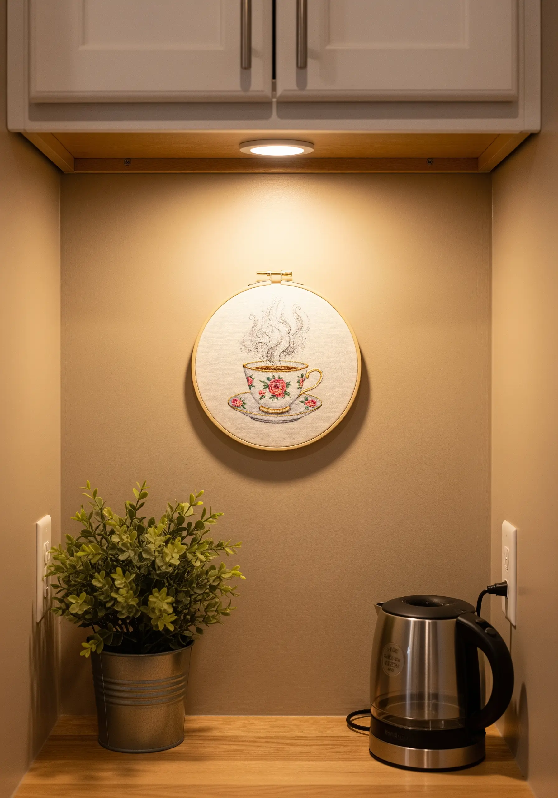 A single embroidery hoop of a floral teacup with rising steam, lit in a kitchen nook.