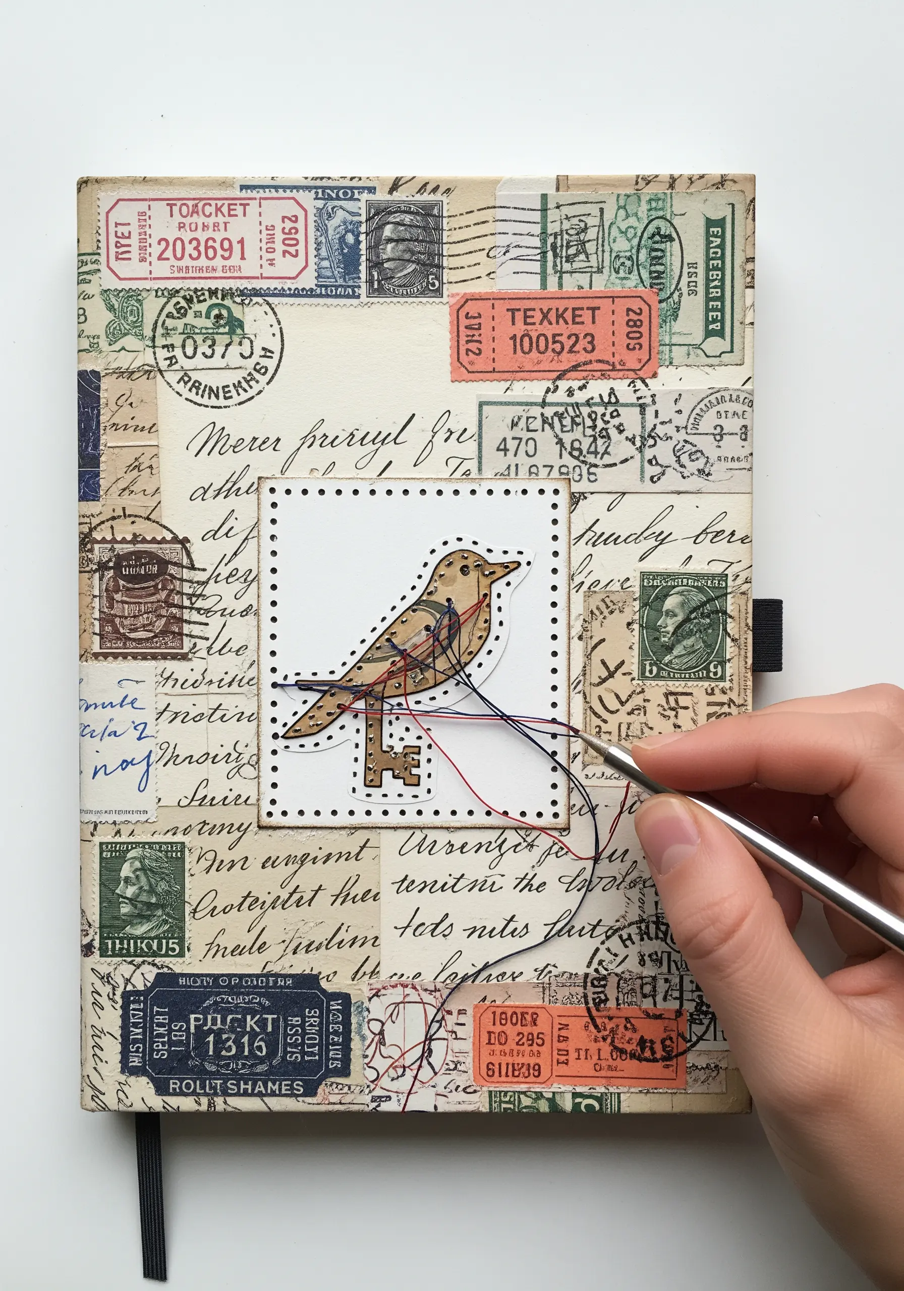 A hand stitching a bird motif onto a journal cover decorated with a collage of vintage stamps.
