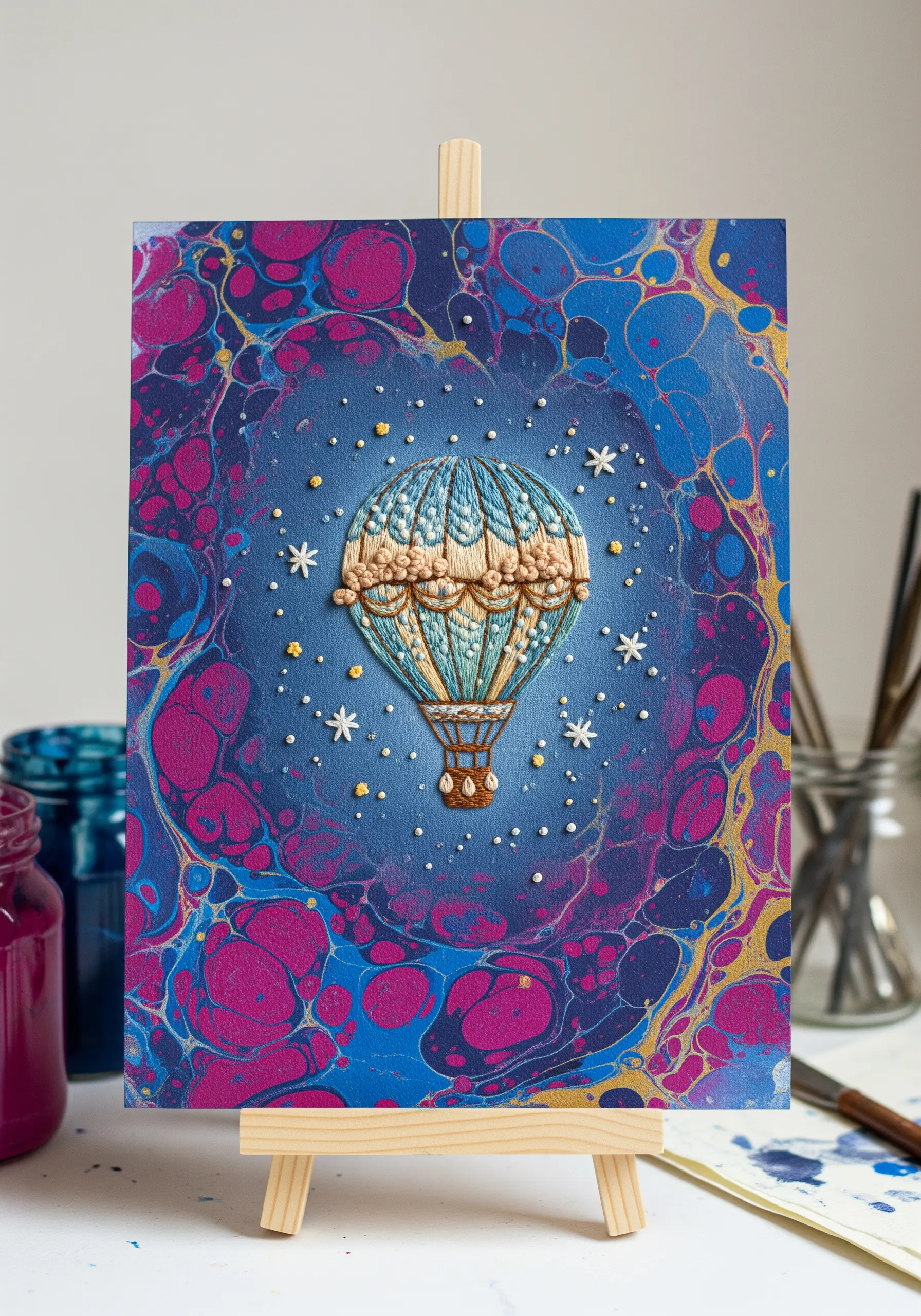 Embroidered hot air balloon stitched directly onto vibrant marbled paper.