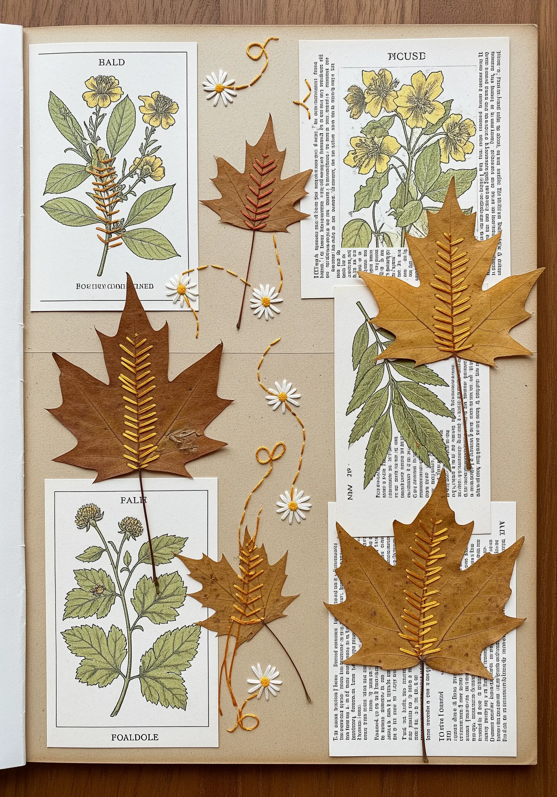 Pressed autumn leaves with decorative running stitches embroidered down their central veins.