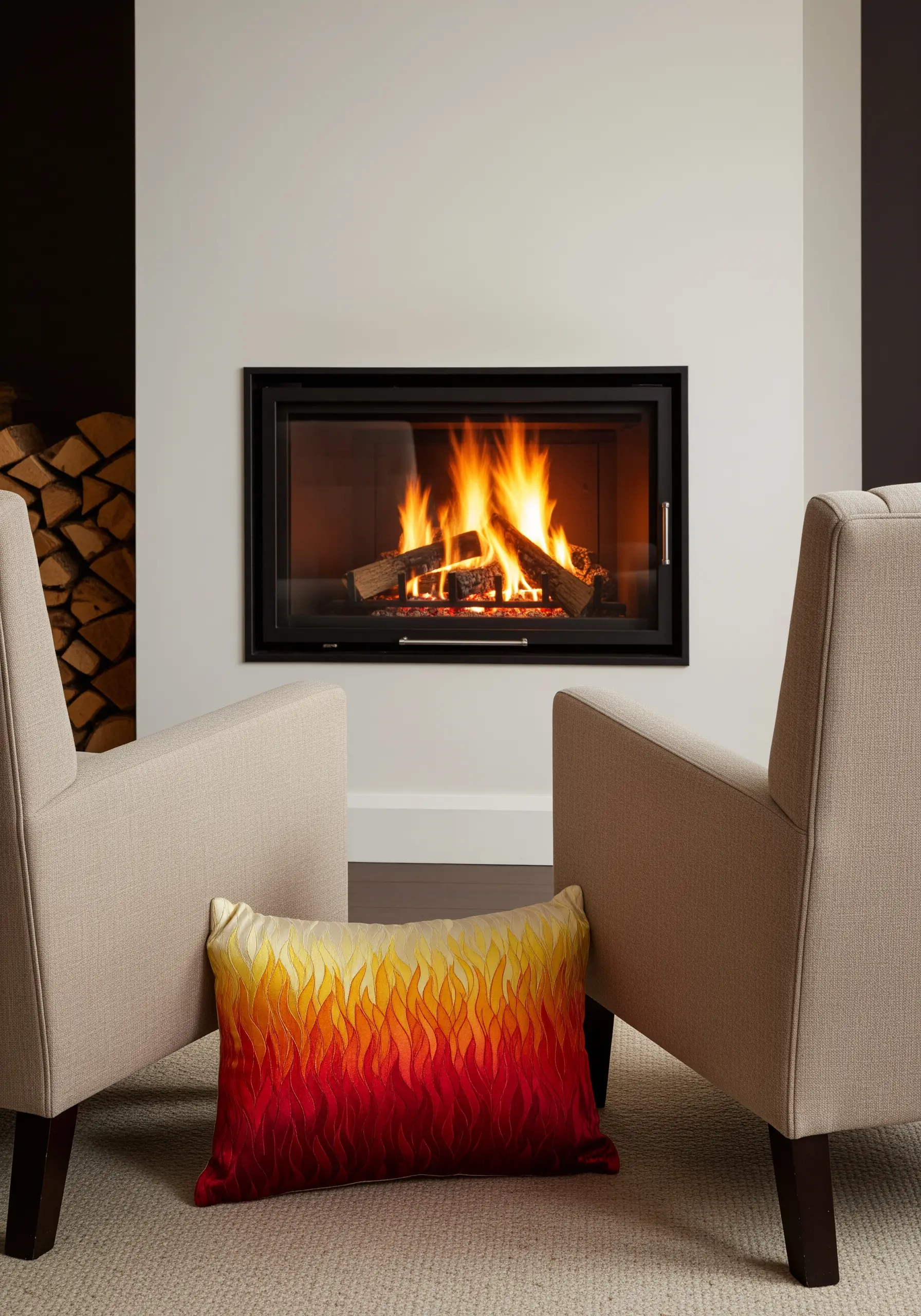 A rectangular pillow embroidered with a fiery gradient of red, orange, and yellow flames.