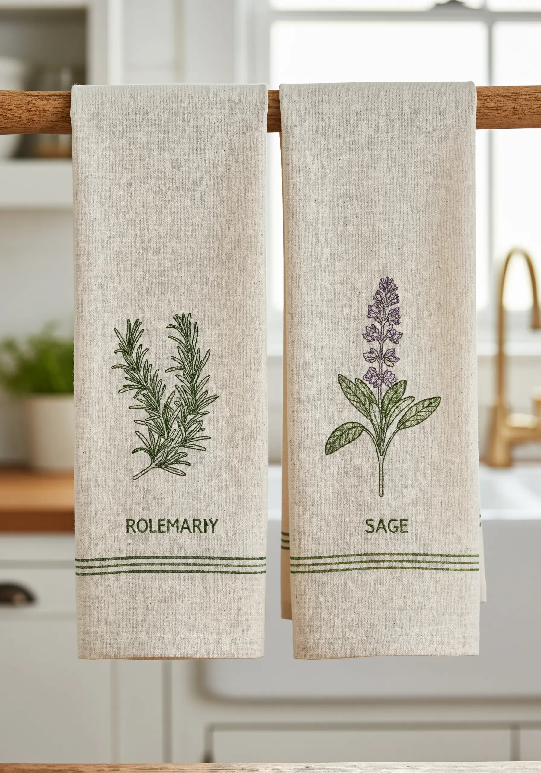 Two kitchen towels with minimalist embroidered rosemary and sage herb designs.