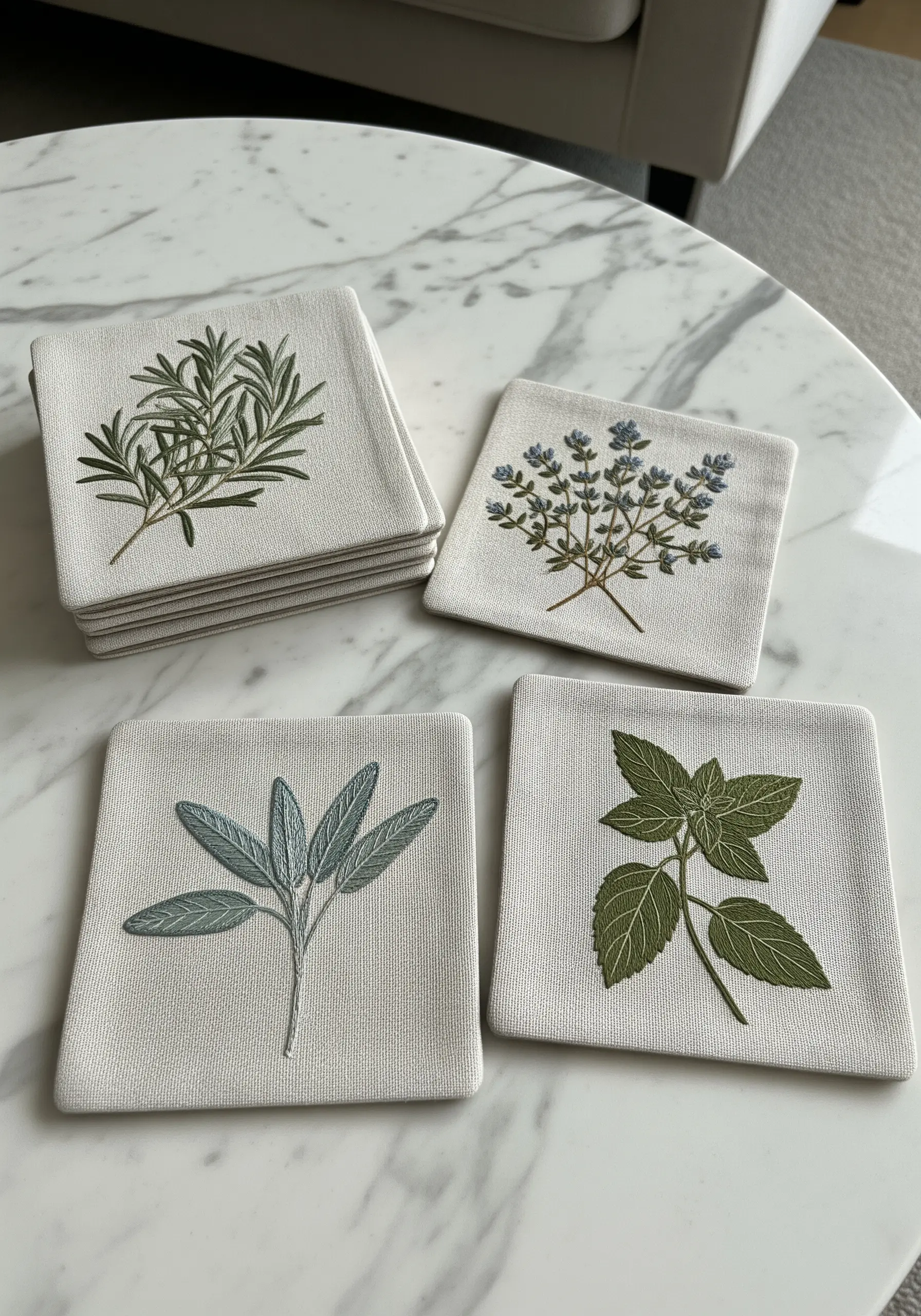 Four embroidered coasters, each featuring a different herb: rosemary, thyme, sage, and mint.