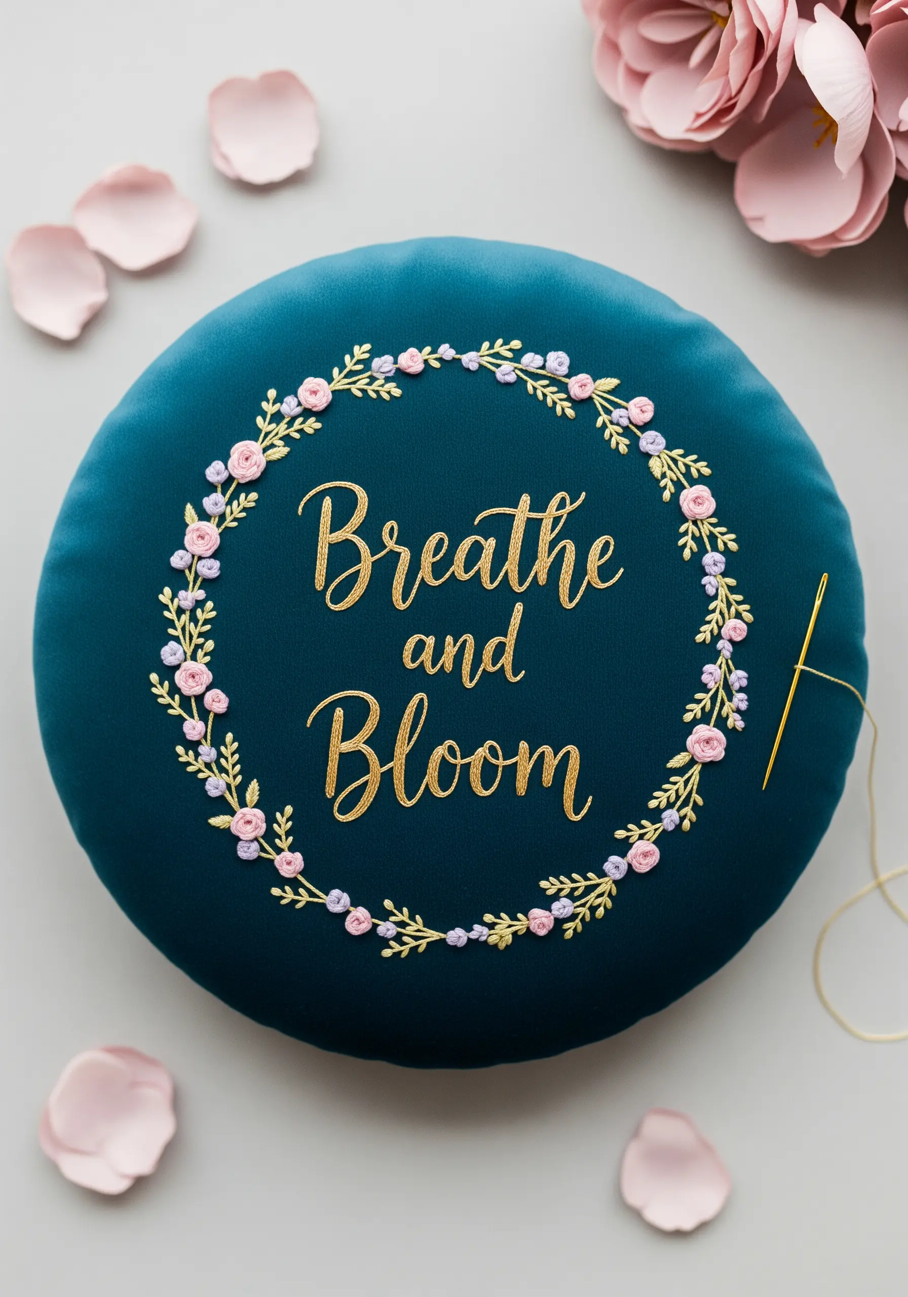 Delicate gold lettering and a floral wreath embroidered on a round teal velvet cushion.