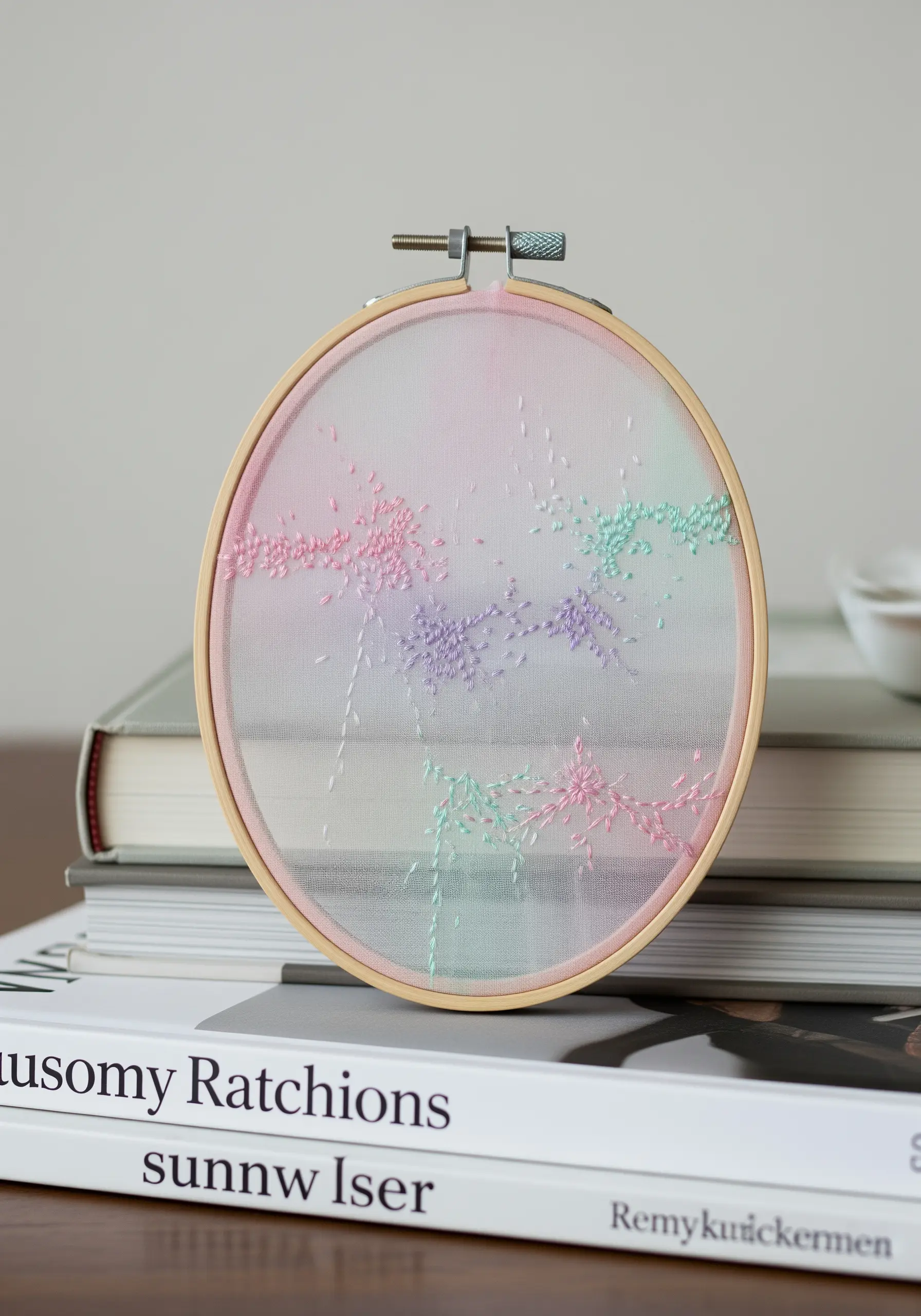 Delicate pastel embroidery on sheer tulle fabric, creating a floating effect.