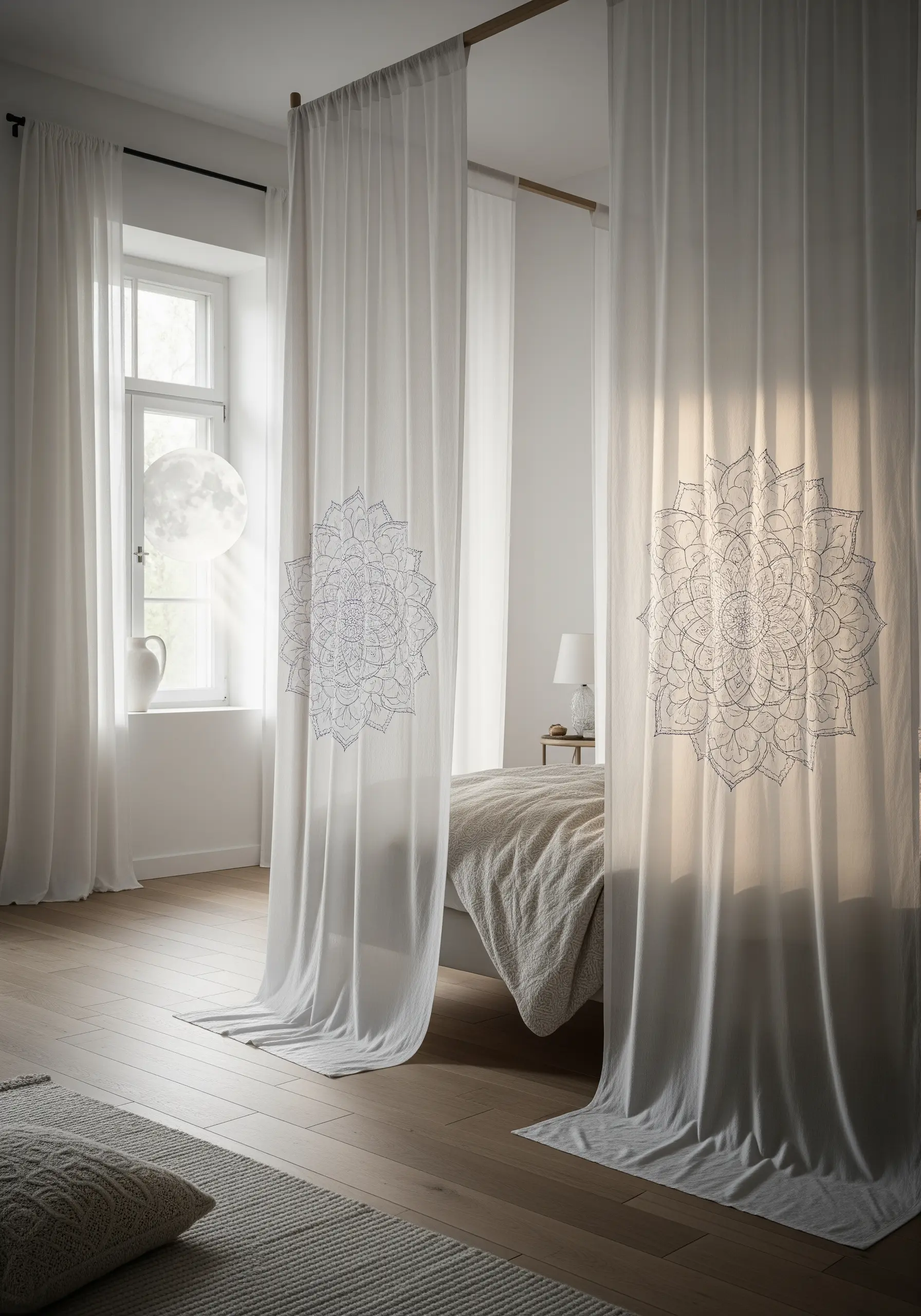 White thread mandalas embroidered on sheer white curtains.